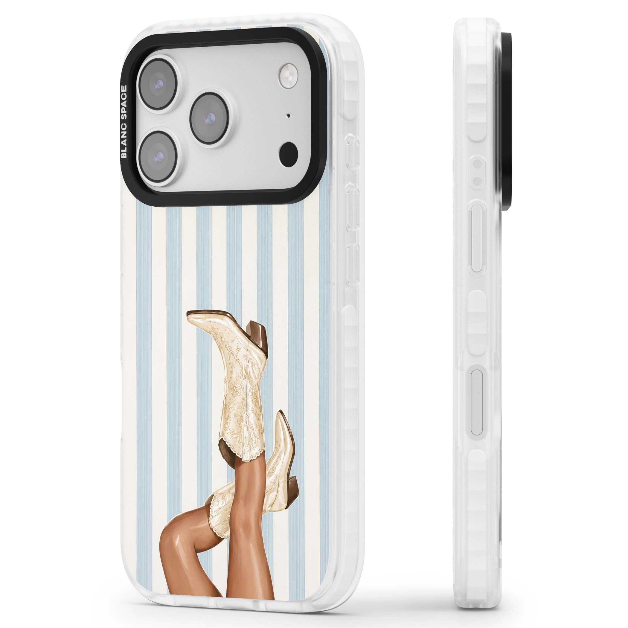 Cowgirl Boots coastal cowgirl iPhone case featuring embroidered western boots, tanned legs and a blue stripe backdrop | Impact Magsafe case for iPhone 17 Pro, iPhone 17 Pro Max