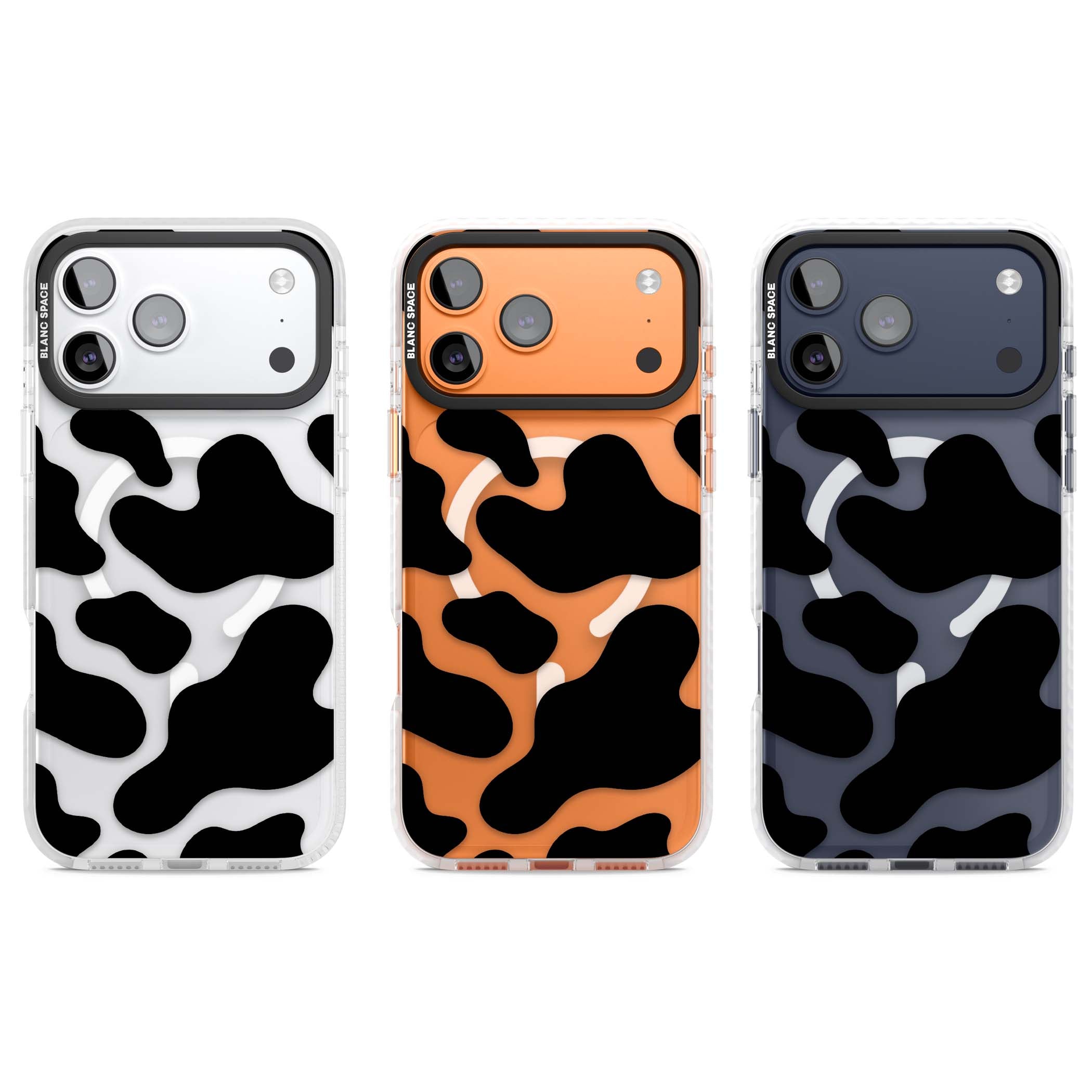 Clear Cow Print cow print iPhone case featuring black and white cow pattern splotches on a clear background | Impact Magsafe case for iPhone 17 Pro, iPhone 17 Pro Max