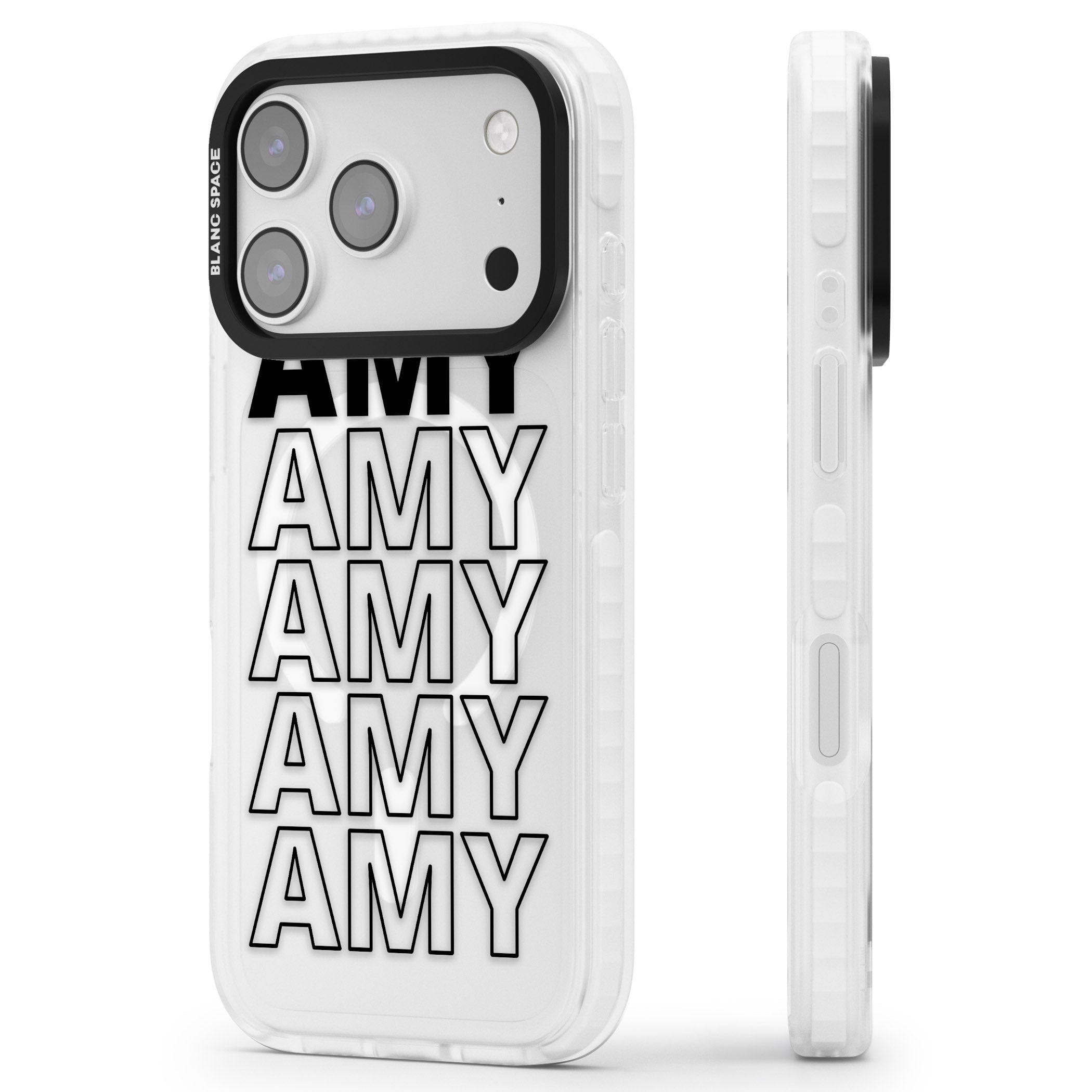 Personalised Bold Name Repetition iPhone 17 Pro Impact Pro Clear Phone Case Side Profile