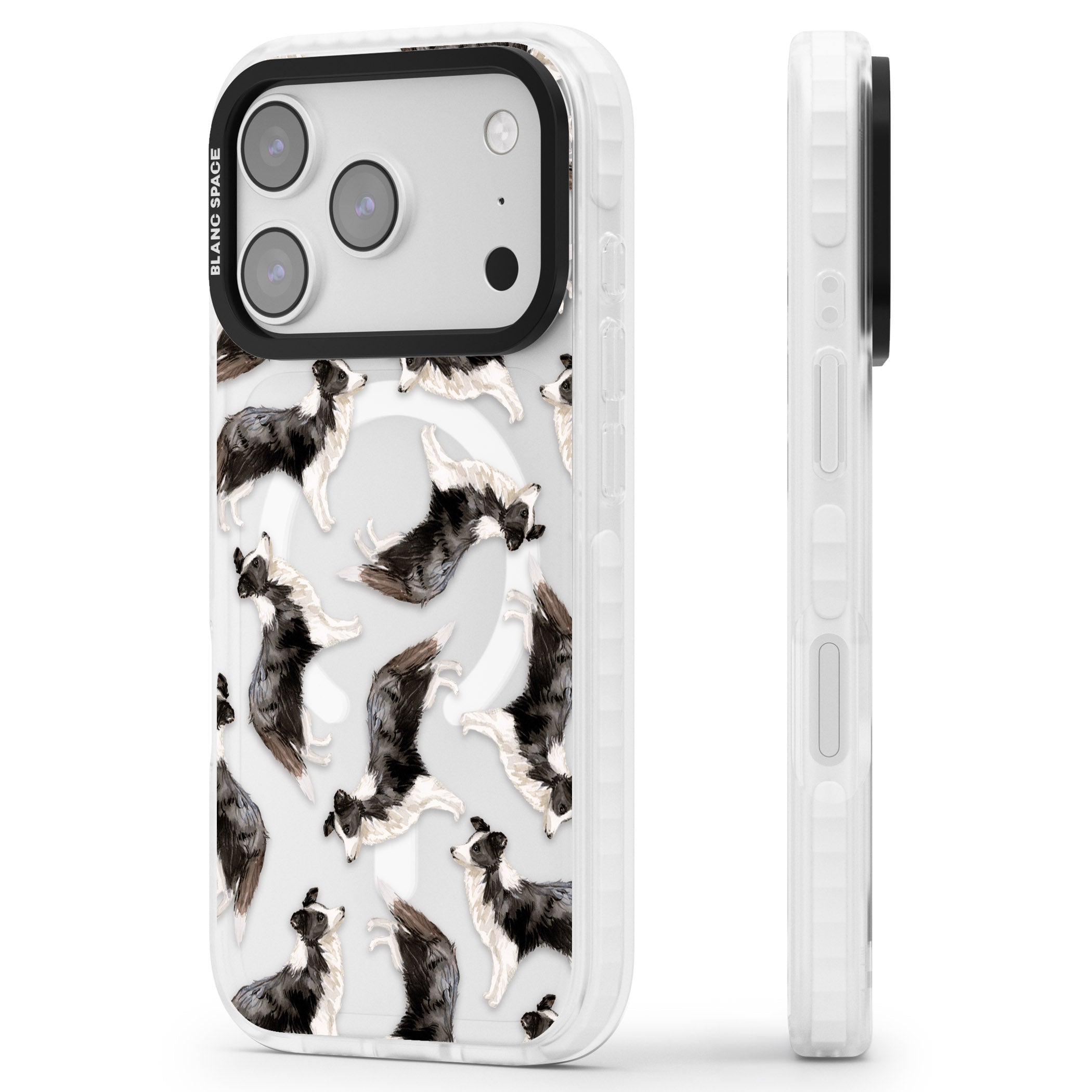 Border Collie Pattern Watercolour iPhone 17 Pro Impact Pro Clear Phone Case Side Profile
