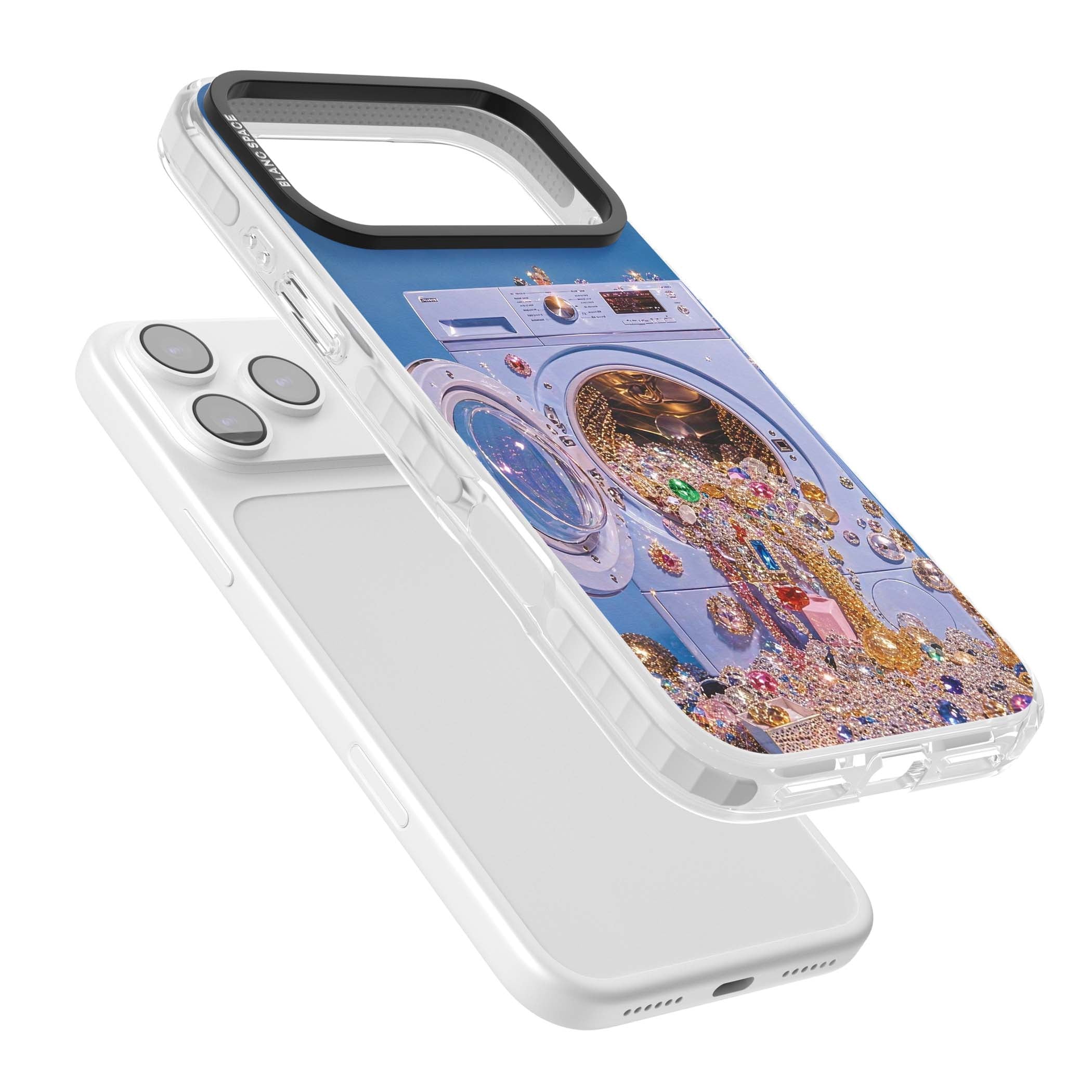 Gem Laundry baddie iPhone case featuring a surreal washing machine overflowing with colourful gemstones and crystals | Impact Magsafe case for iPhone 17 Pro, iPhone 17 Pro Max