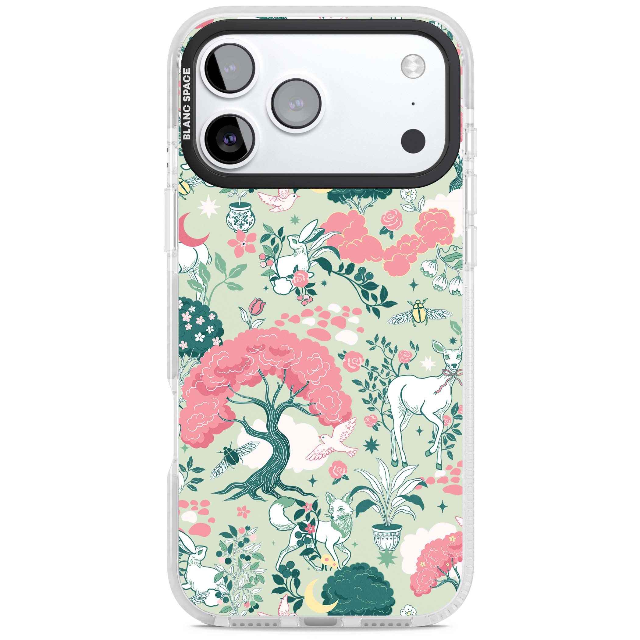 Enchanted Woodland cottagecore iPhone case featuring white deer, pink roses, mushrooms and woodland animals on sage green | Impact Magsafe case for iPhone 17 Pro, iPhone 17 Pro Max