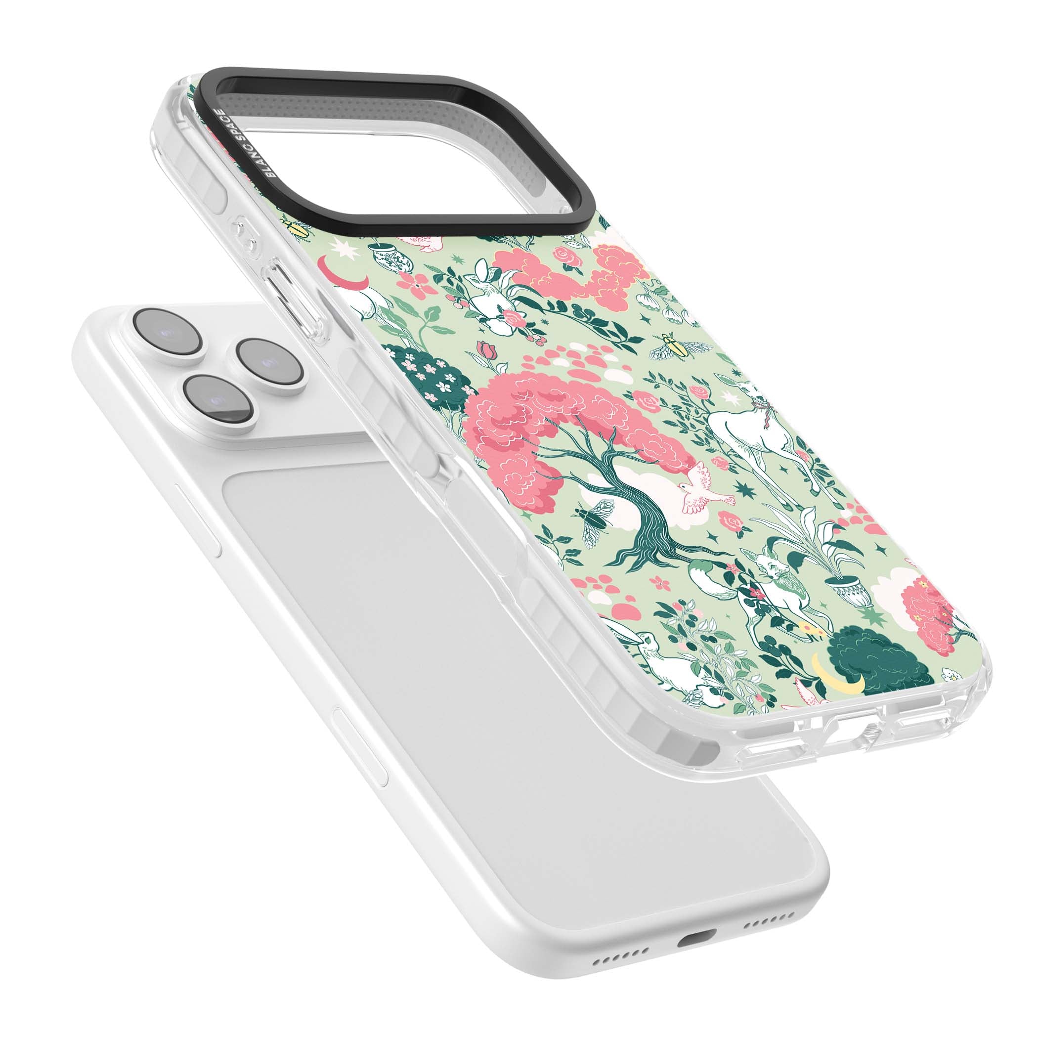 Enchanted Woodland cottagecore iPhone case featuring white deer, pink roses, mushrooms and woodland animals on sage green | Impact Magsafe case for iPhone 17 Pro, iPhone 17 Pro Max