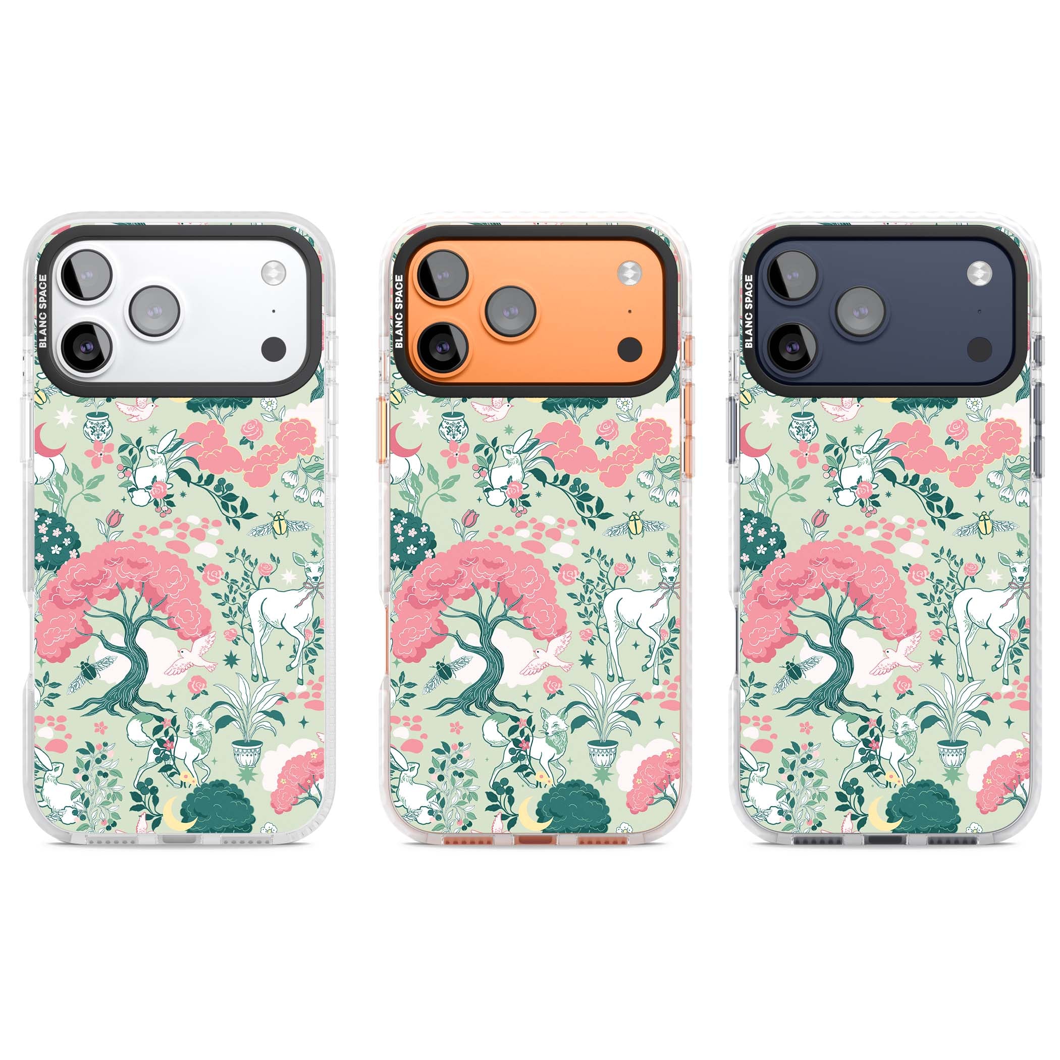 Enchanted Woodland cottagecore iPhone case featuring white deer, pink roses, mushrooms and woodland animals on sage green | Impact Magsafe case for iPhone 17 Pro, iPhone 17 Pro Max