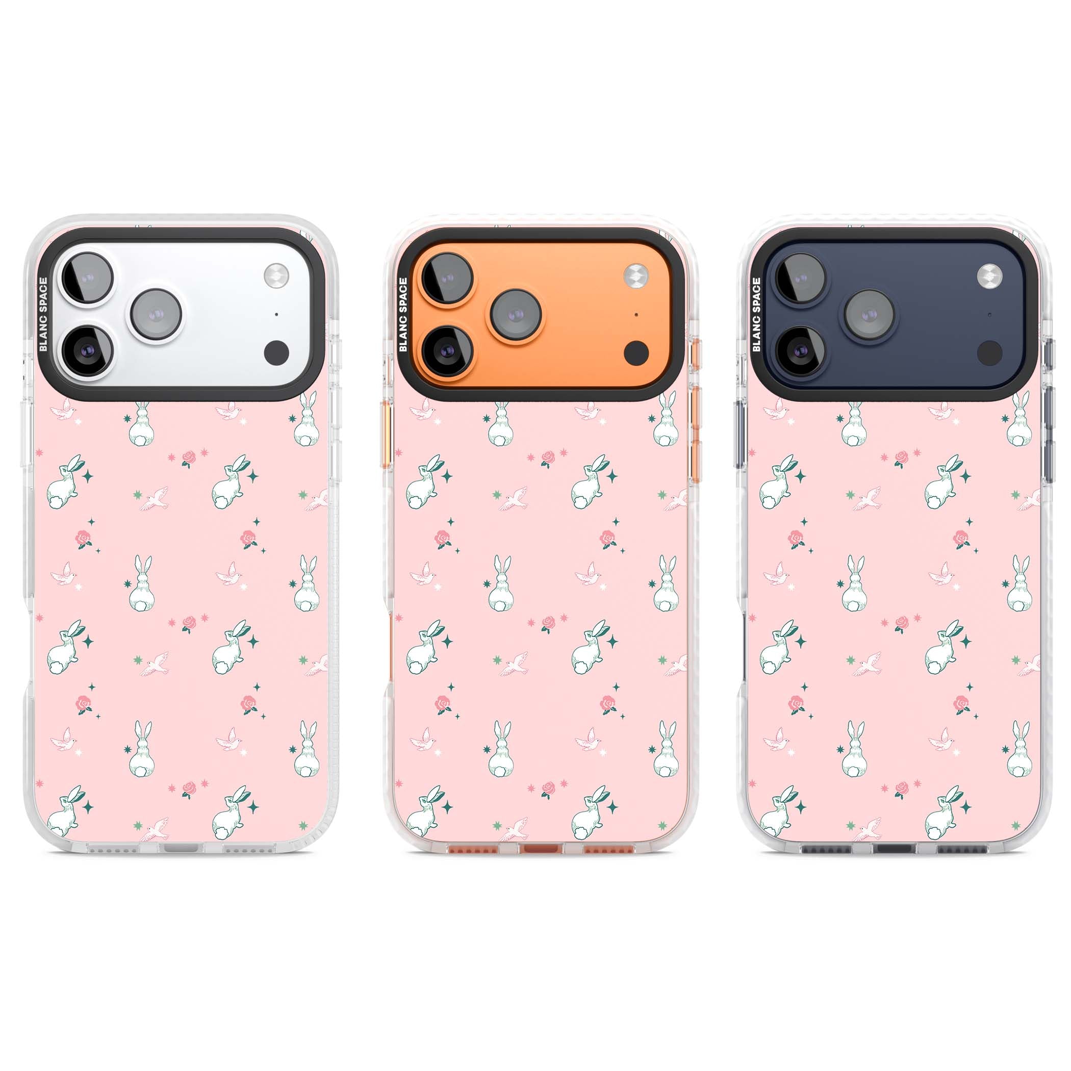 Bunny Garden kawaii iPhone case featuring white rabbits, pink roses, doves and stars on pink background | Impact Magsafe case for iPhone 17 Pro, iPhone 17 Pro Max