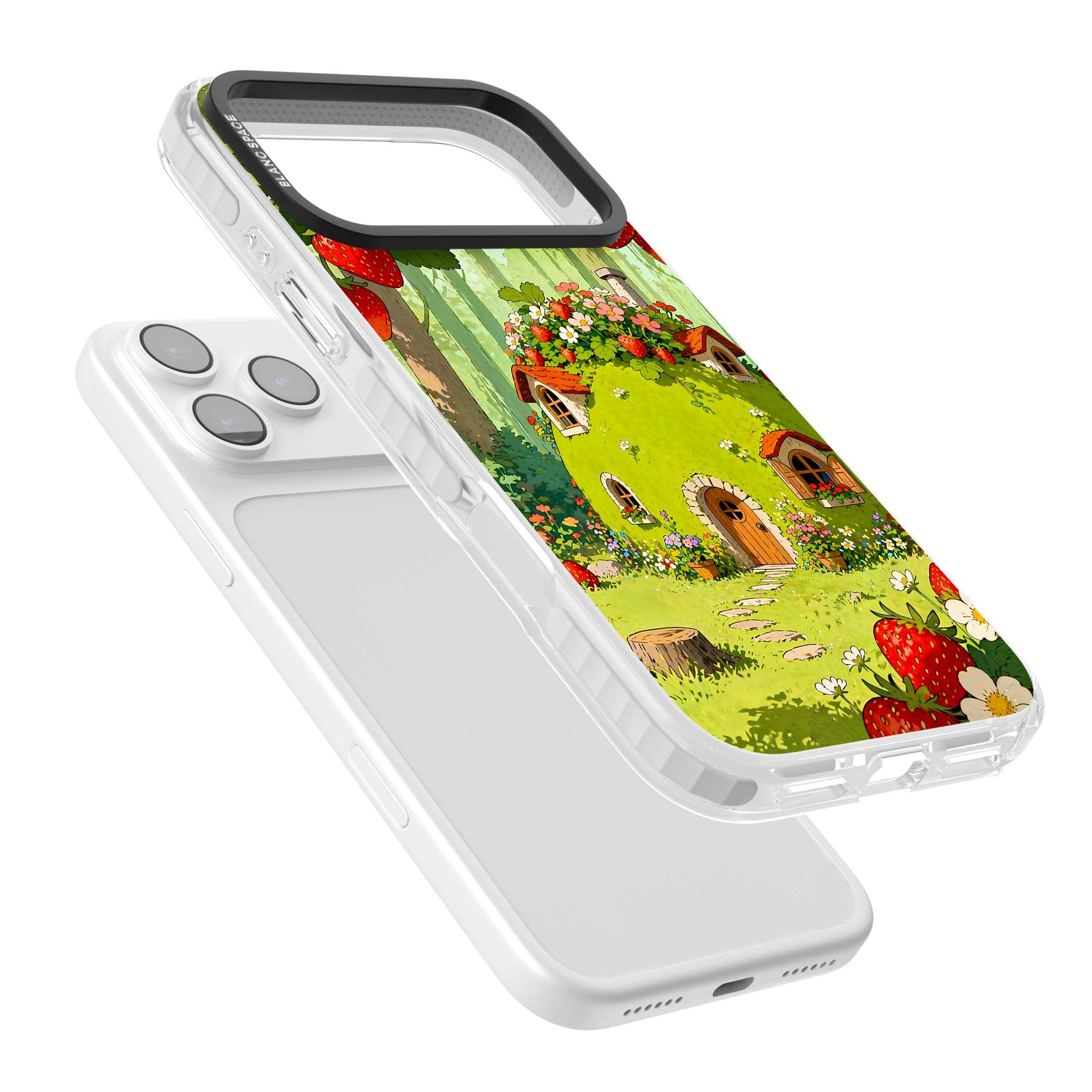 Strawberry Cottage cottagecore iPhone case featuring a green fairy house, wild strawberries and enchanted forest flowers | Impact Magsafe case for iPhone 17 Pro, iPhone 17 Pro Max