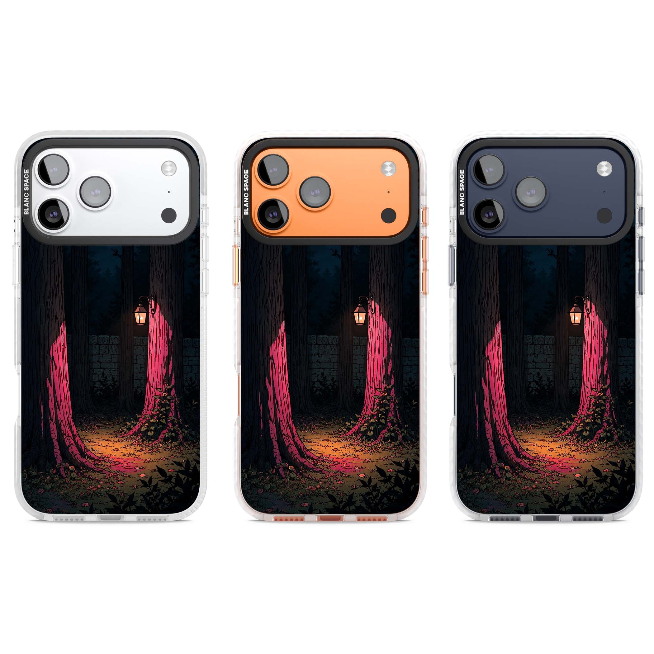 Forest Lantern dark academia iPhone case featuring a moonlit forest, glowing lantern, and stone wall pathway | Impact Magsafe case for iPhone 17 Pro, iPhone 17 Pro Max
