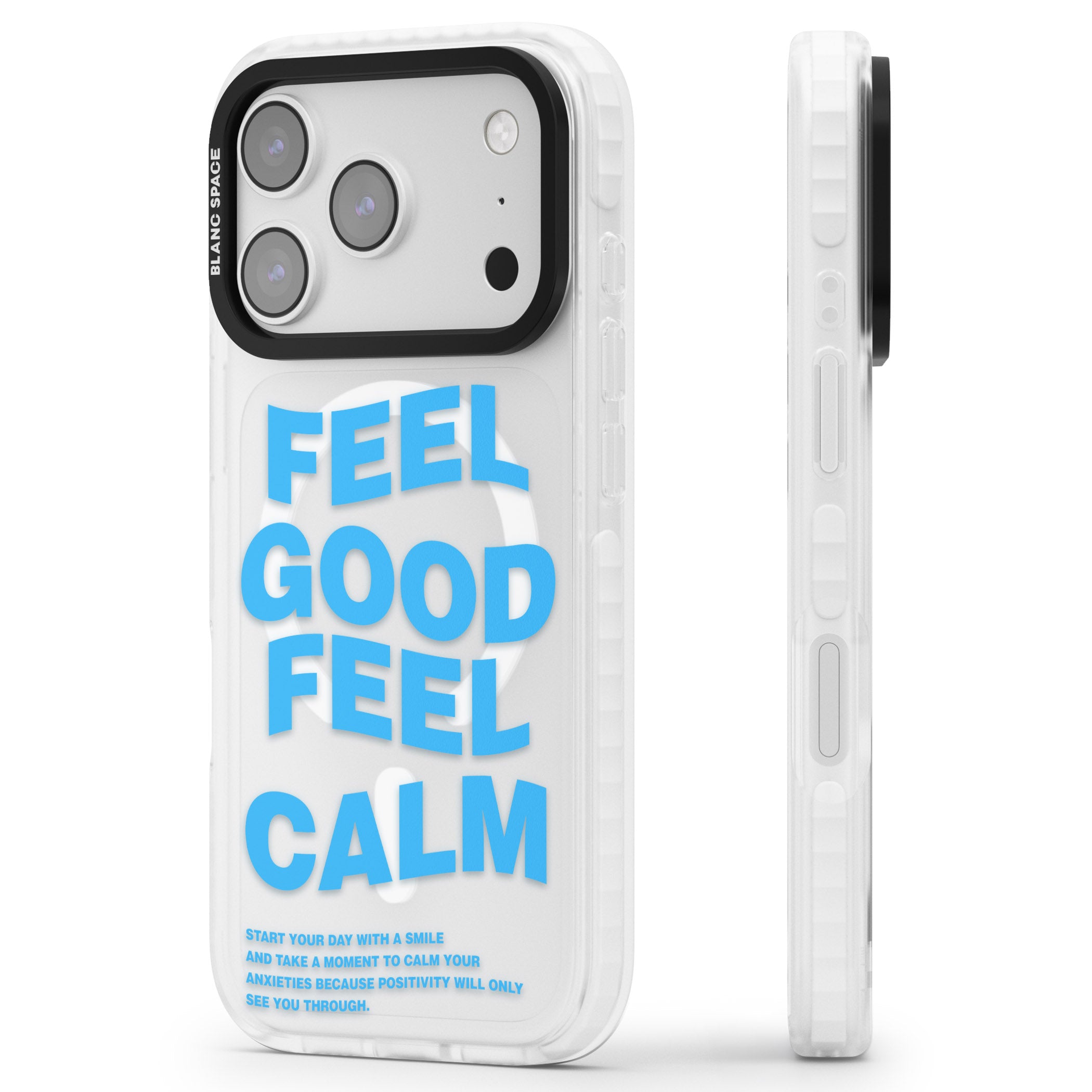 Feel Good Feel Calm (Blue) iPhone 17 Pro Impact Pro Clear Phone Case Side Profile