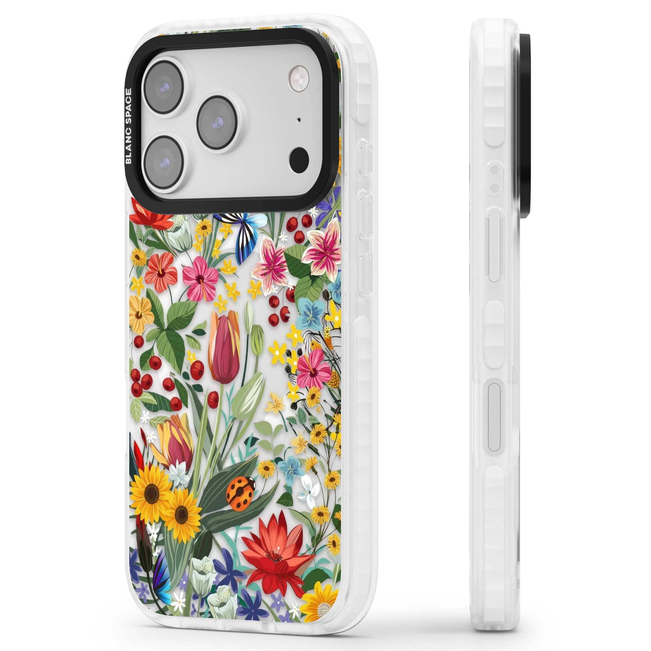 Botanical Bloom cottagecore iPhone case featuring colorful wildflowers, sunflowers, and ladybugs on clear background | Impact Magsafe case for iPhone 17 Pro, iPhone 17 Pro Max