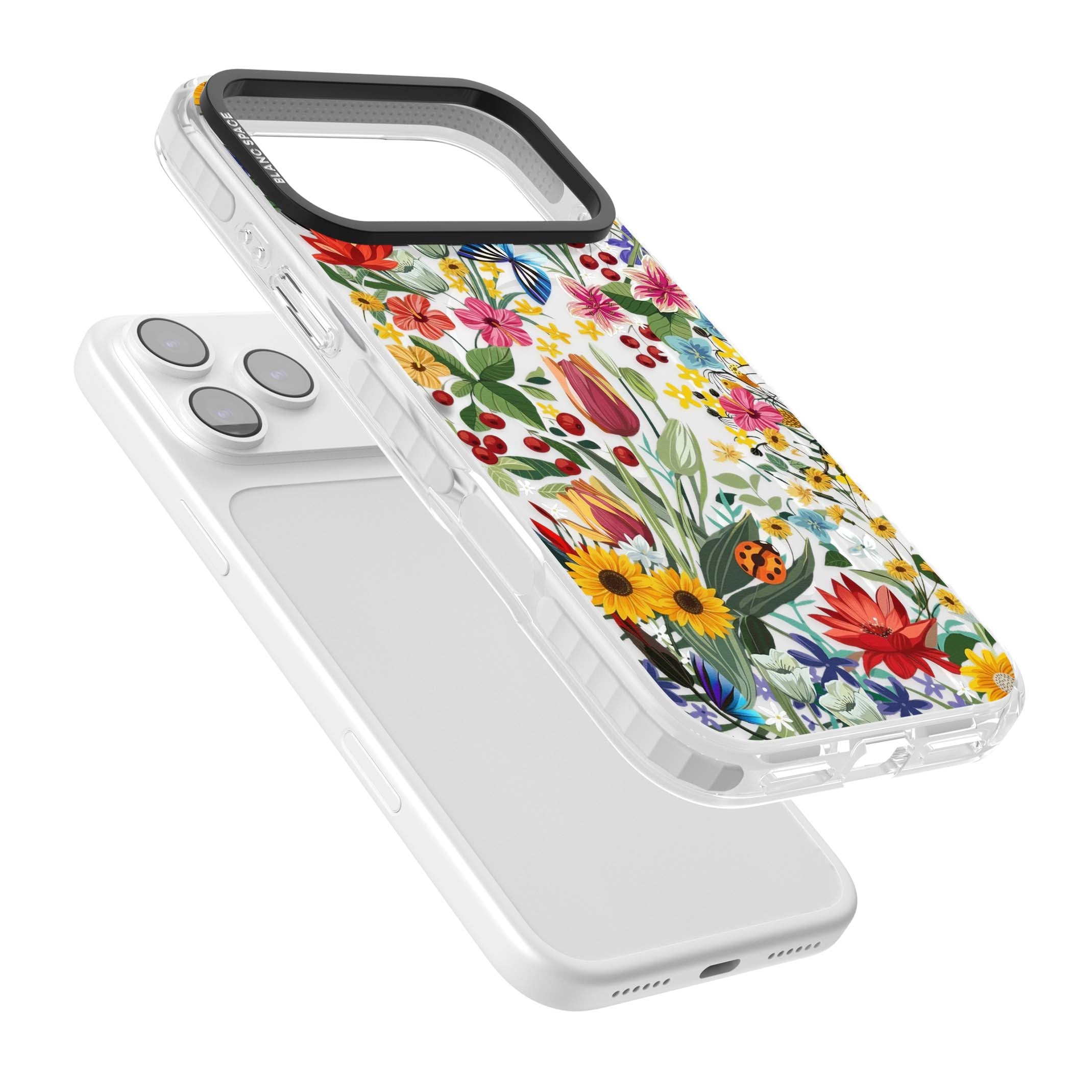 Botanical Bloom cottagecore iPhone case featuring colorful wildflowers, sunflowers, and ladybugs on clear background | Impact Magsafe case for iPhone 17 Pro, iPhone 17 Pro Max