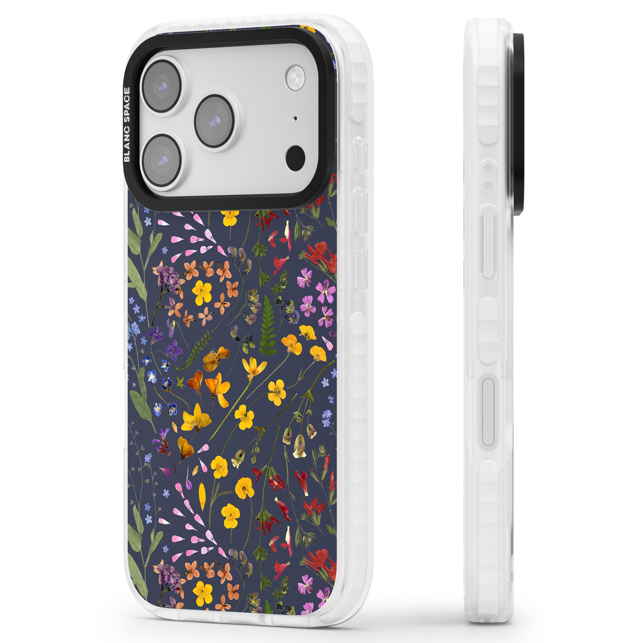 Wildflower Leaves Cluster Navy iPhone 17 Pro Impact Pro Clear Phone Case Side Profile