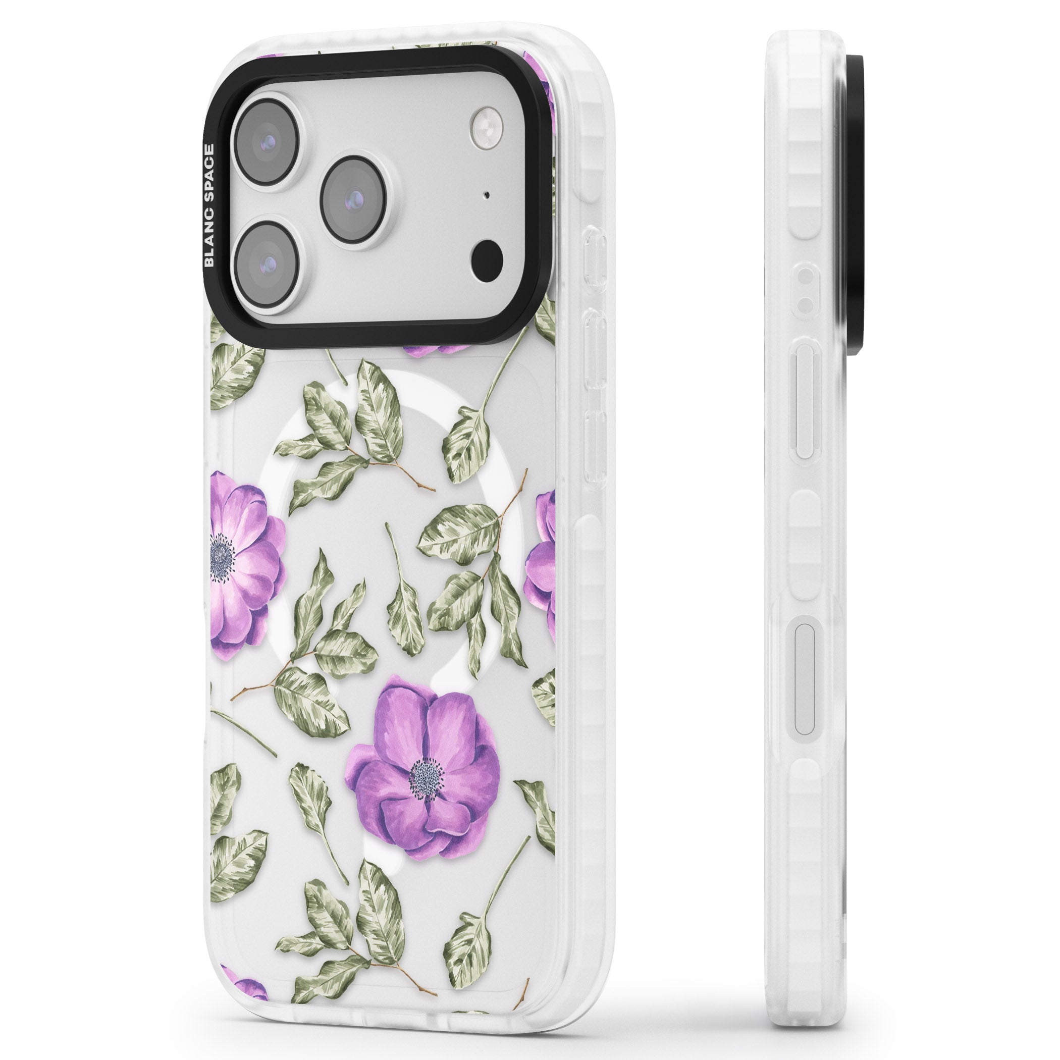 Purple Bloom Floral iPhone 17 Pro Impact Pro Clear Phone Case Side Profile