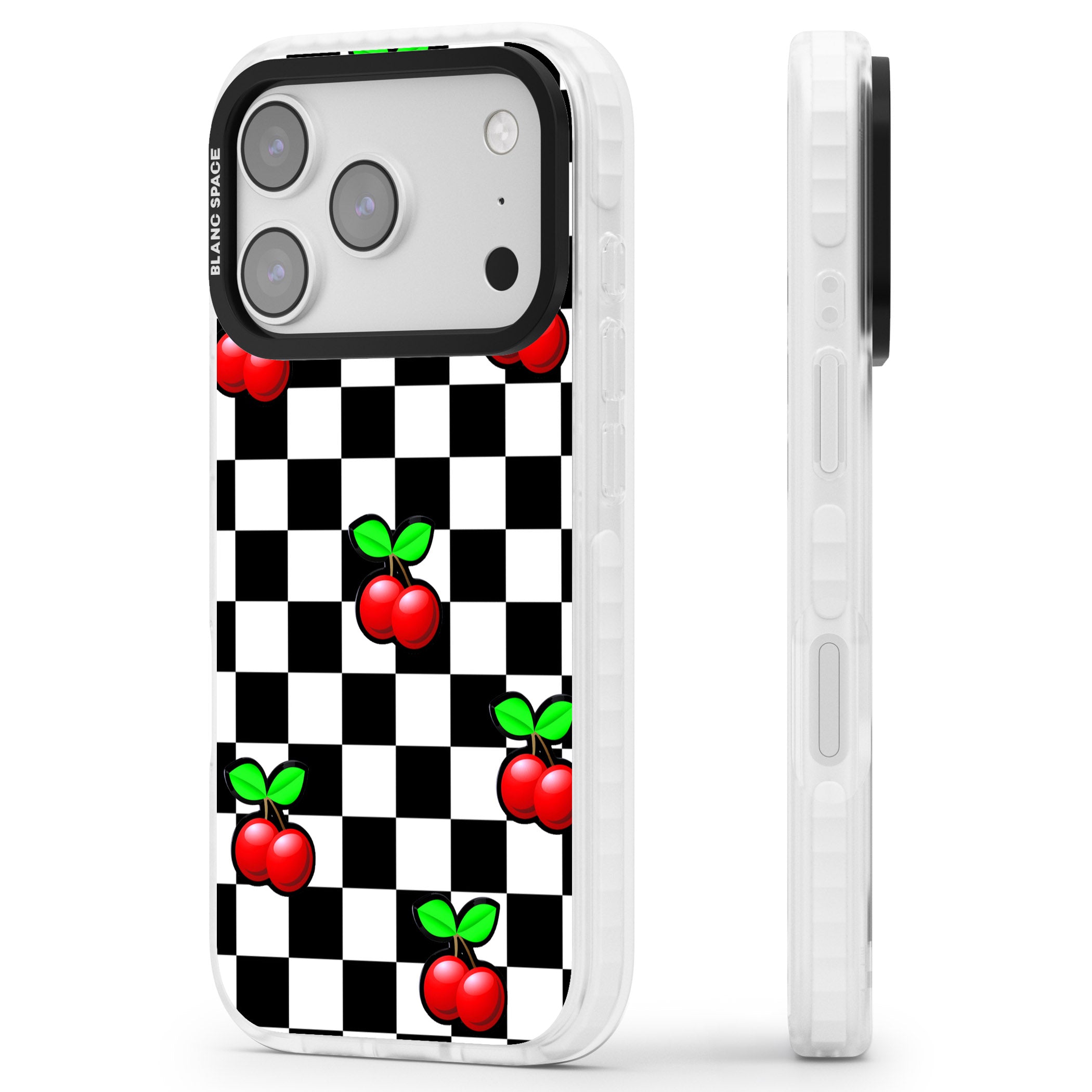 Checkered Cherry iPhone 17 Pro Impact Pro Clear Phone Case Side Profile