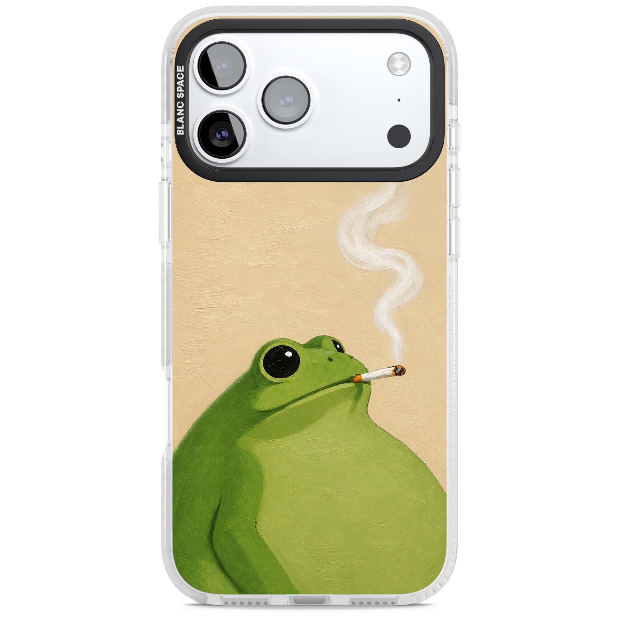 The Smoking Frog cottagecore iPhone case featuring a hand-painted green frog smoking a cigarette on a cream oil painting back | Impact Magsafe case for iPhone 17 Pro, iPhone 17 Pro Max