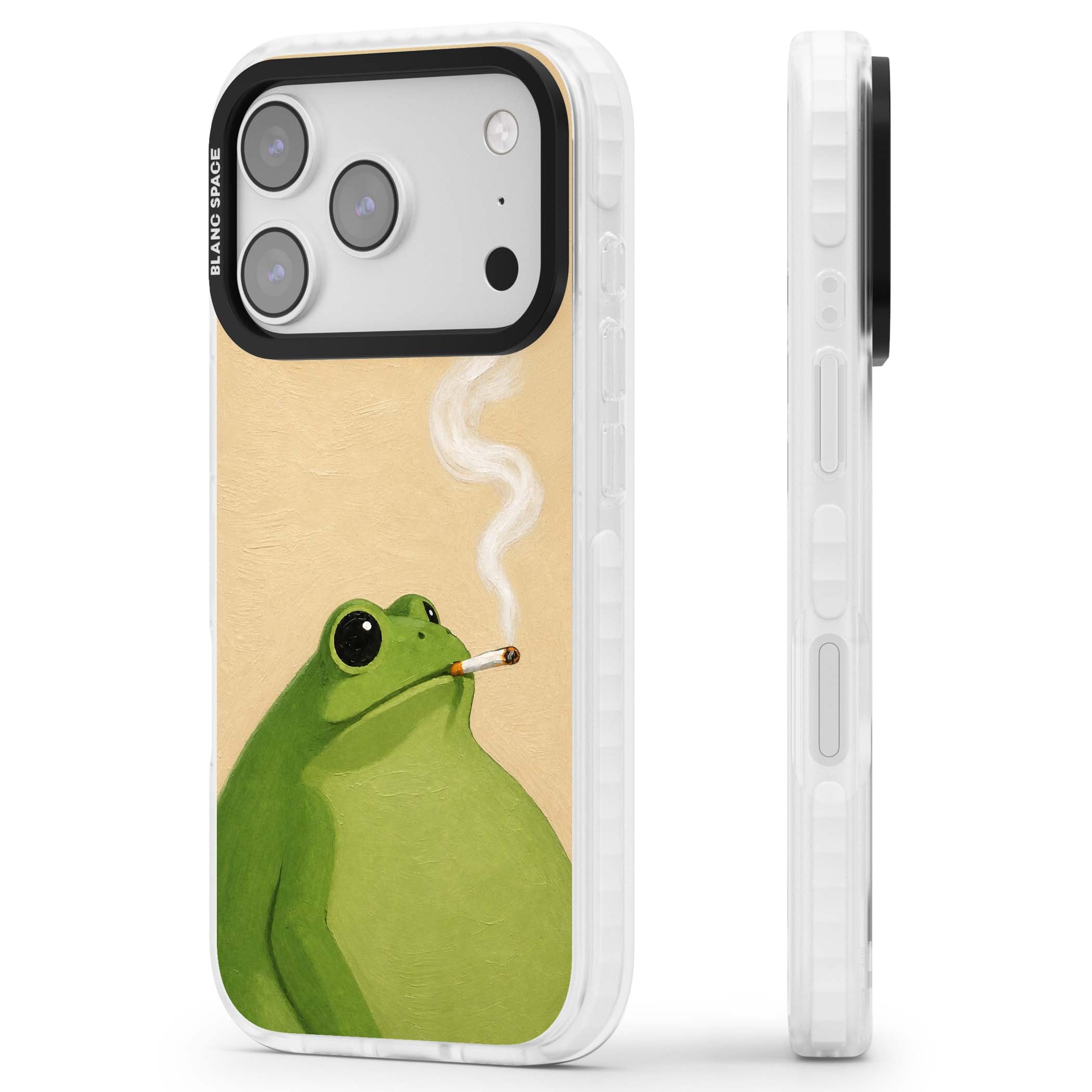 The Smoking Frog cottagecore iPhone case featuring a hand-painted green frog smoking a cigarette on a cream oil painting back | Impact Magsafe case for iPhone 17 Pro, iPhone 17 Pro Max