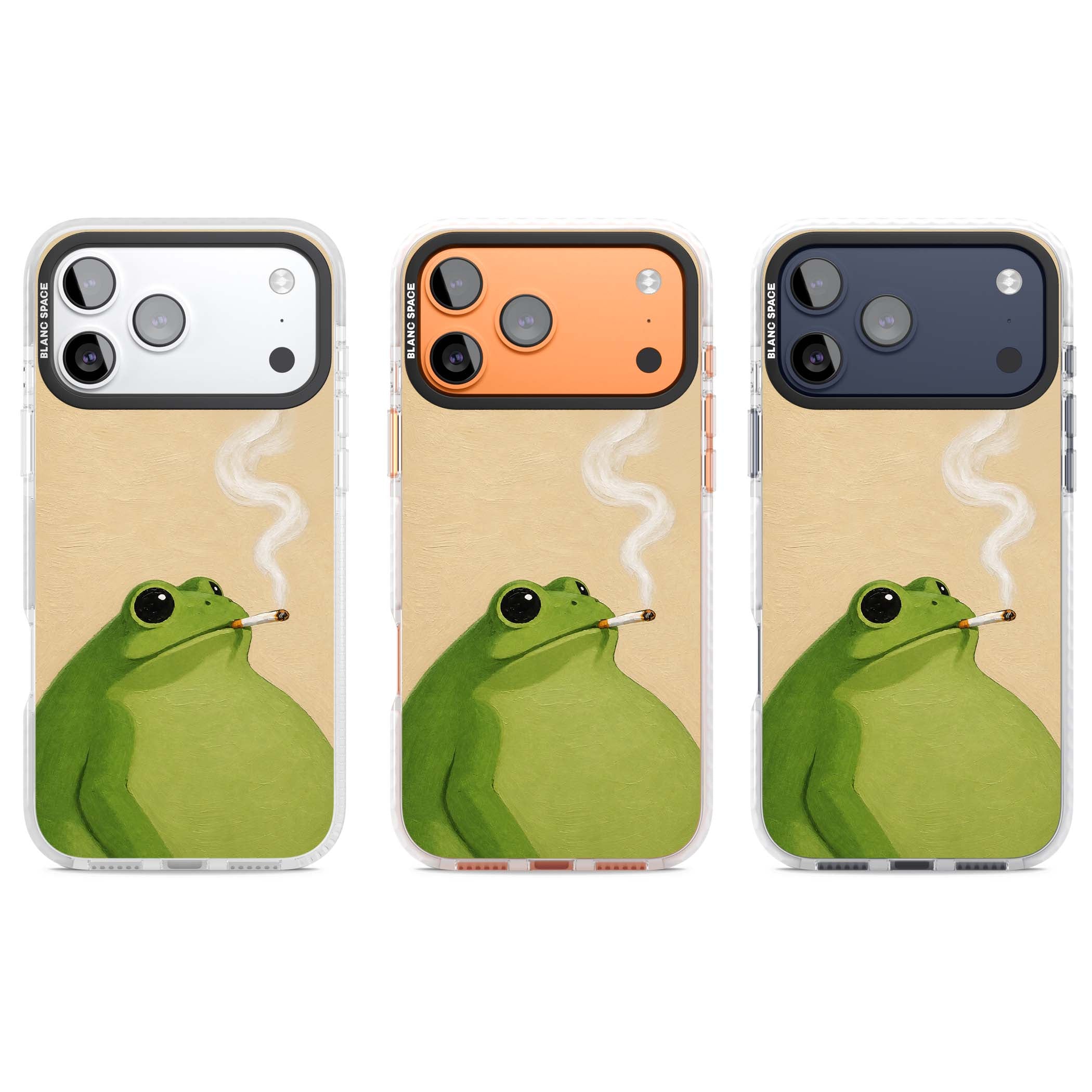 The Smoking Frog cottagecore iPhone case featuring a hand-painted green frog smoking a cigarette on a cream oil painting back | Impact Magsafe case for iPhone 17 Pro, iPhone 17 Pro Max