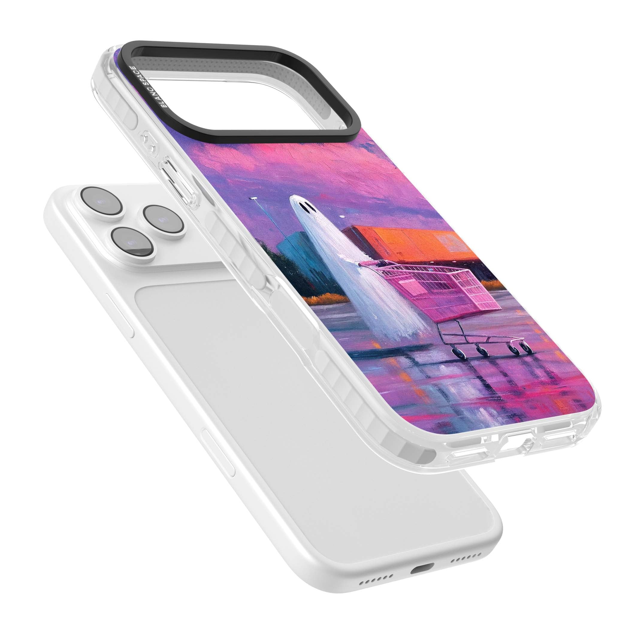 A Ghost's Errand ghost halloween iPhone case featuring a painted ghost, pink shopping trolley and purple sunset sky | Impact Magsafe case for iPhone 17 Pro, iPhone 17 Pro Max