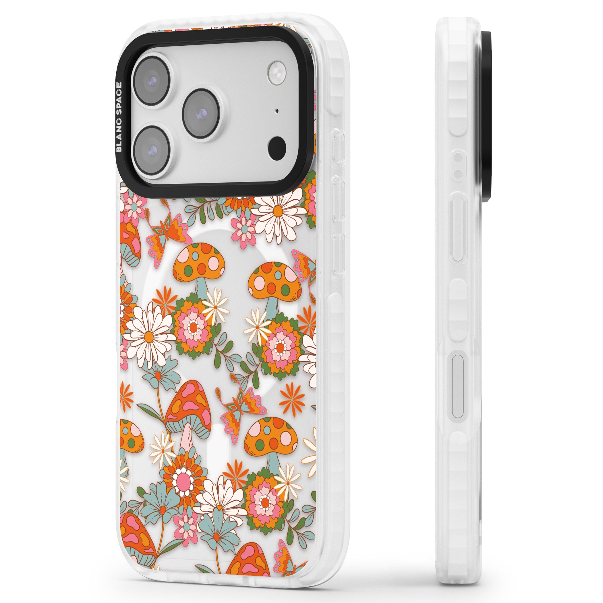 Groovy Shrooms & Flowers iPhone 17 Pro Impact Pro Clear Phone Case Side Profile