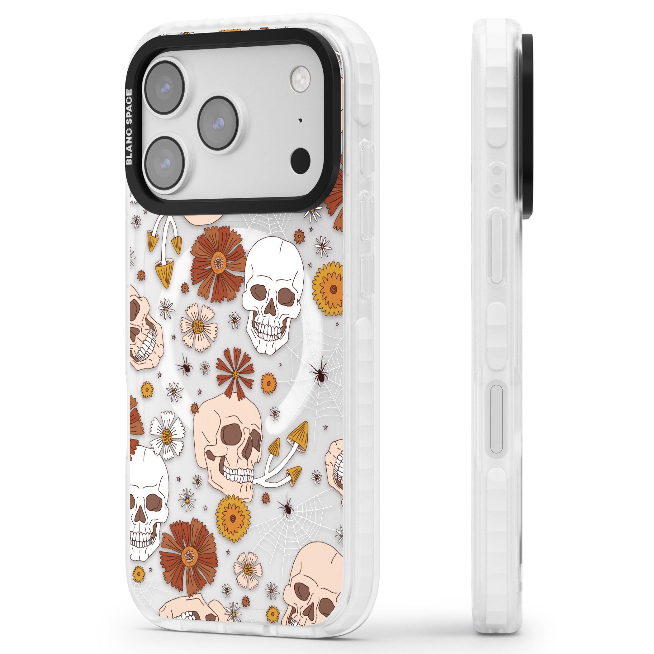 Halloween Skulls And Flowers iPhone 17 Pro Impact Pro Clear Phone Case Side Profile