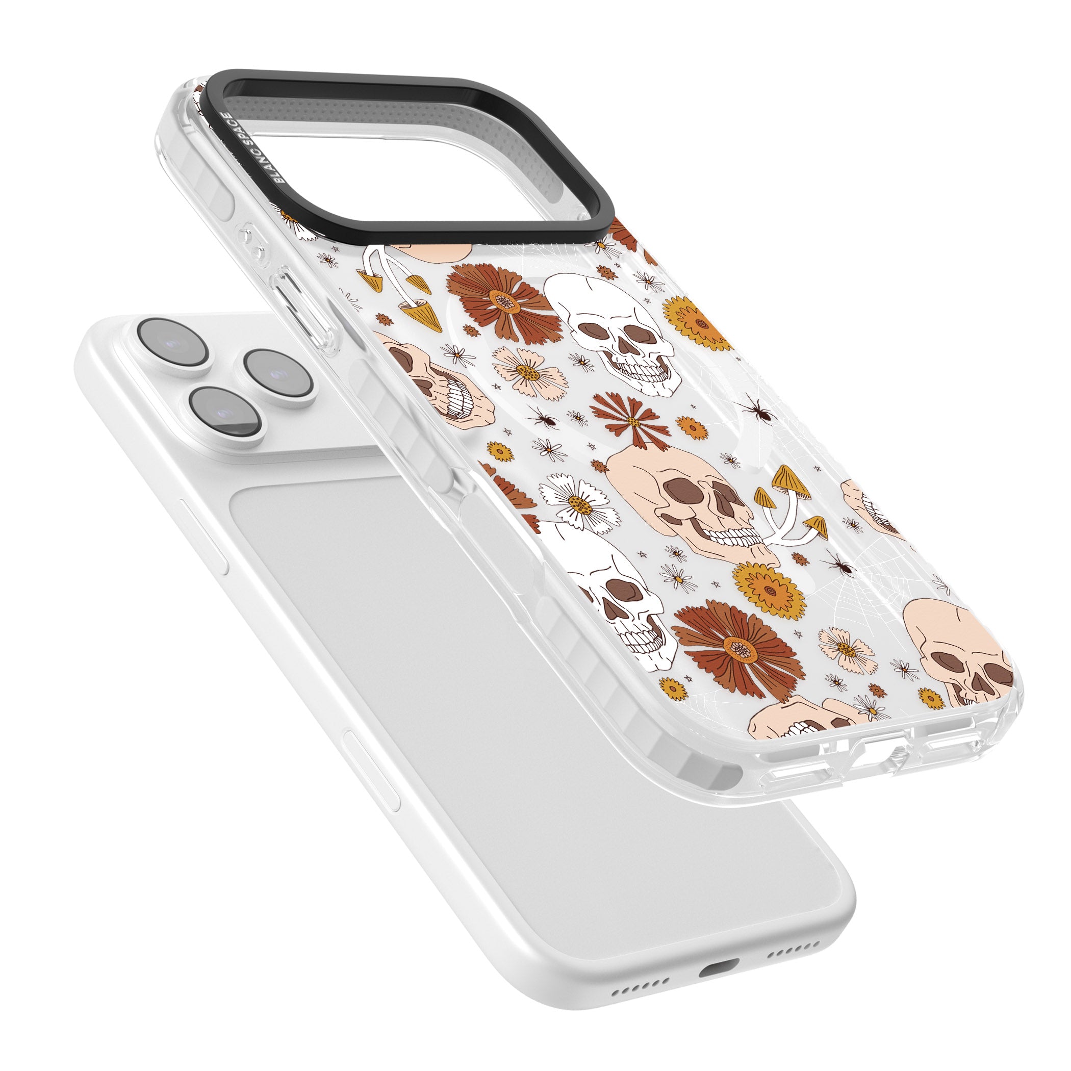 Halloween Skulls And Flowers iPhone 17 Pro Impact Pro Clear Phone Case Colours
