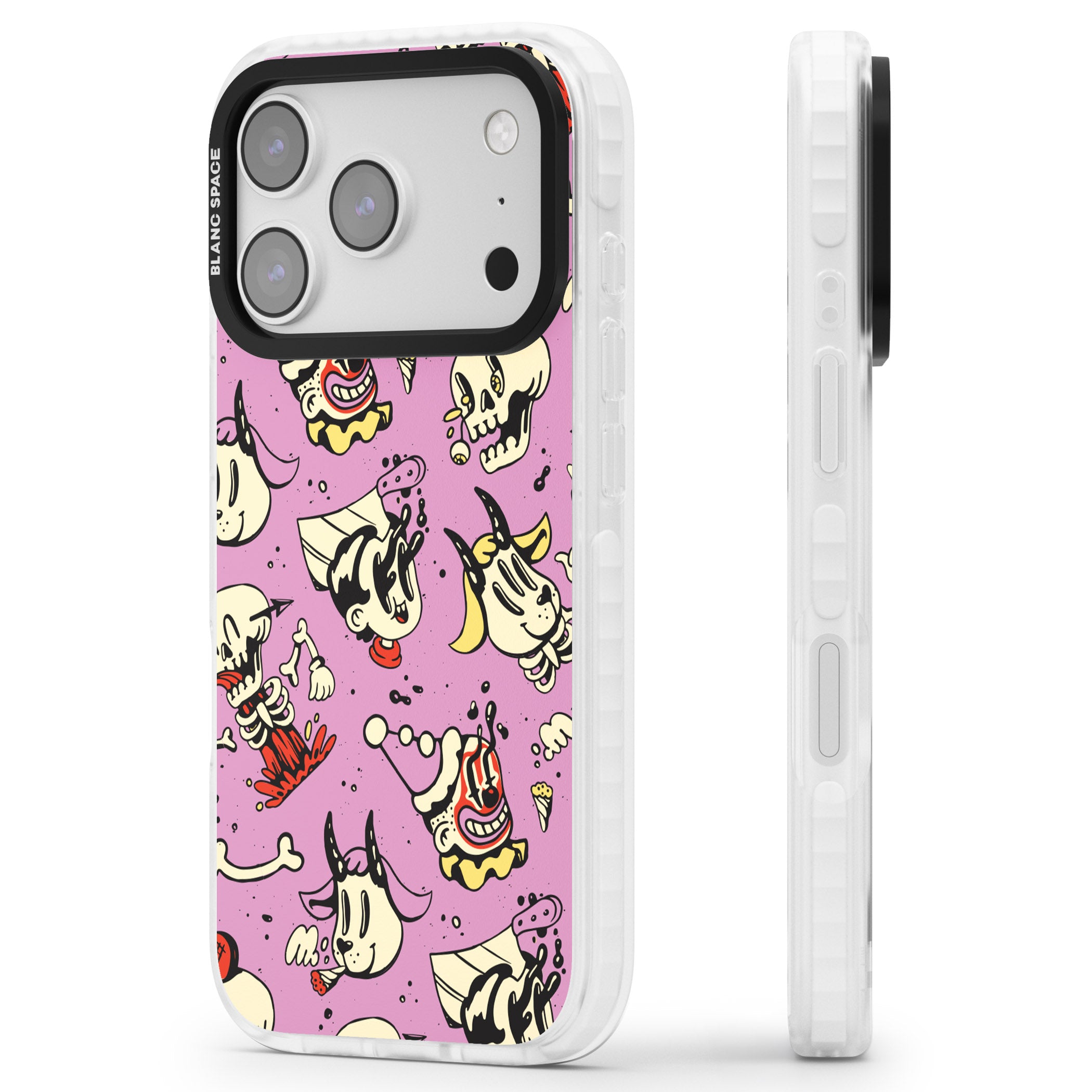 Purple Retro Halloween Pattern iPhone 17 Pro Impact Pro Clear Phone Case Side Profile