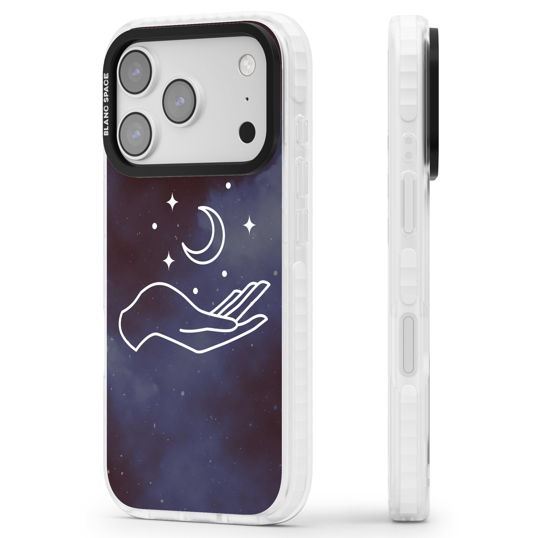 Celestial Hand & Moon iPhone 17 Pro Impact Pro Clear Phone Case Side Profile