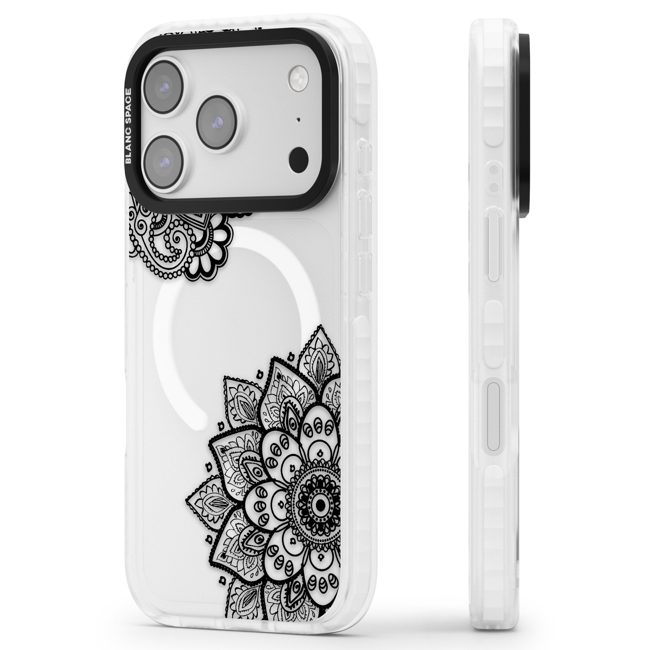 Black Henna Florals iPhone 17 Pro Impact Pro Clear Phone Case Side Profile