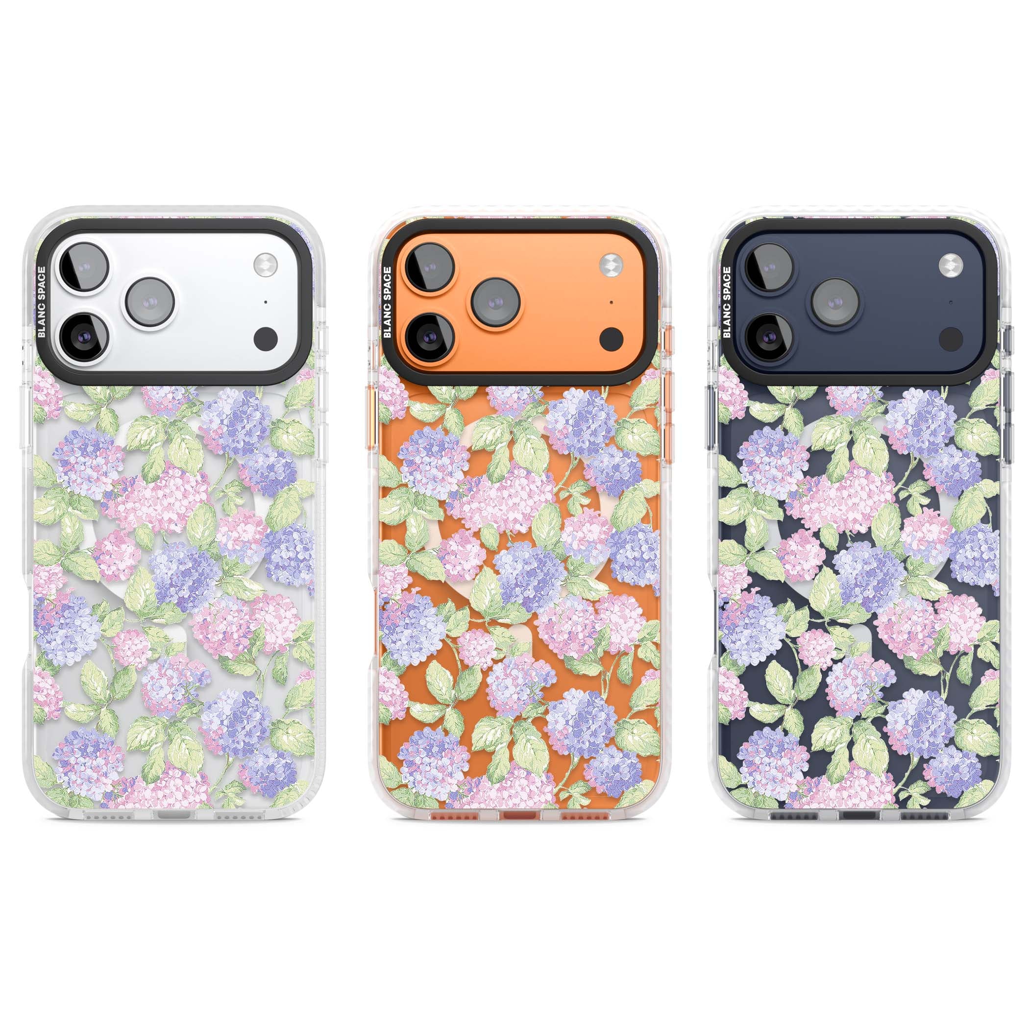 Cottage Hydrangea cottagecore iPhone case featuring pink and purple hydrangea blooms with green leaves on a clear background | Impact Magsafe case for iPhone 17 Pro, iPhone 17 Pro Max