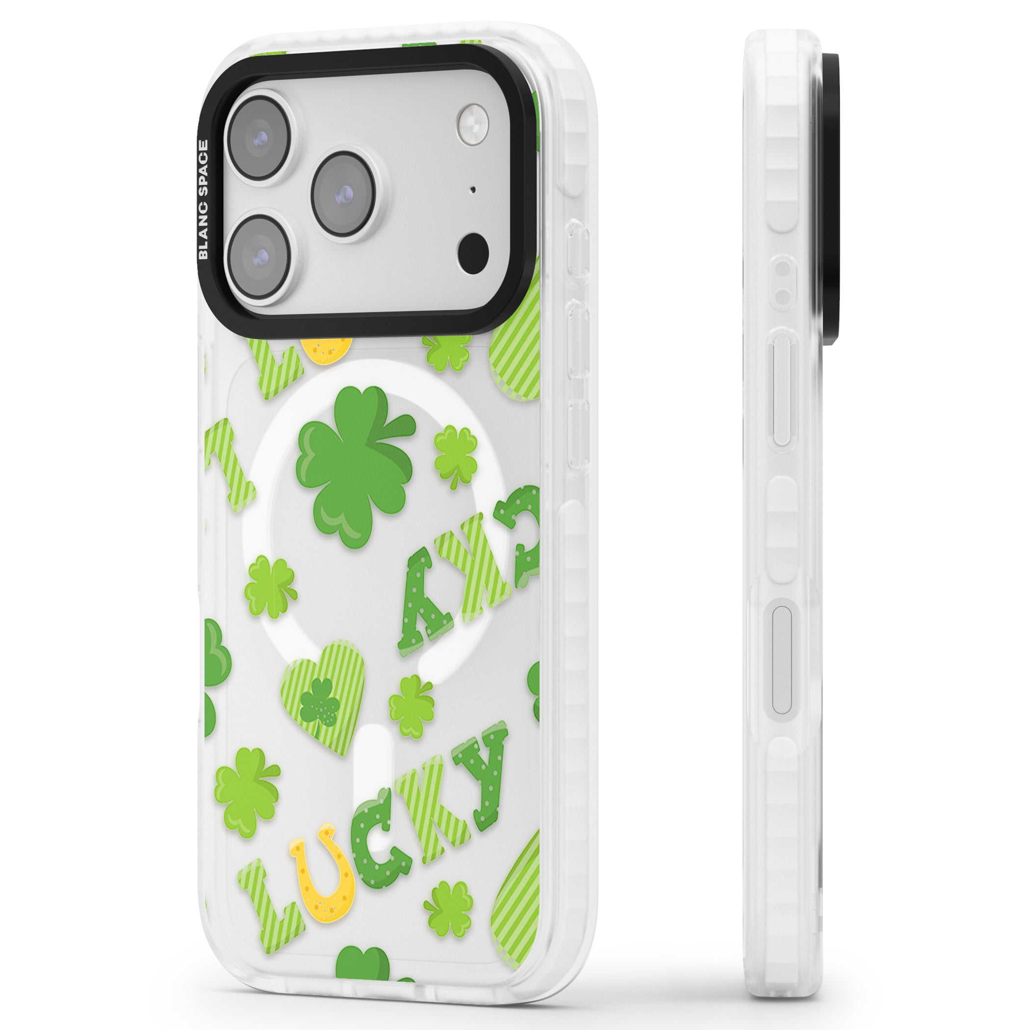 Lucky Irish Clover iPhone 17 Pro Impact Pro Clear Phone Case Side Profile