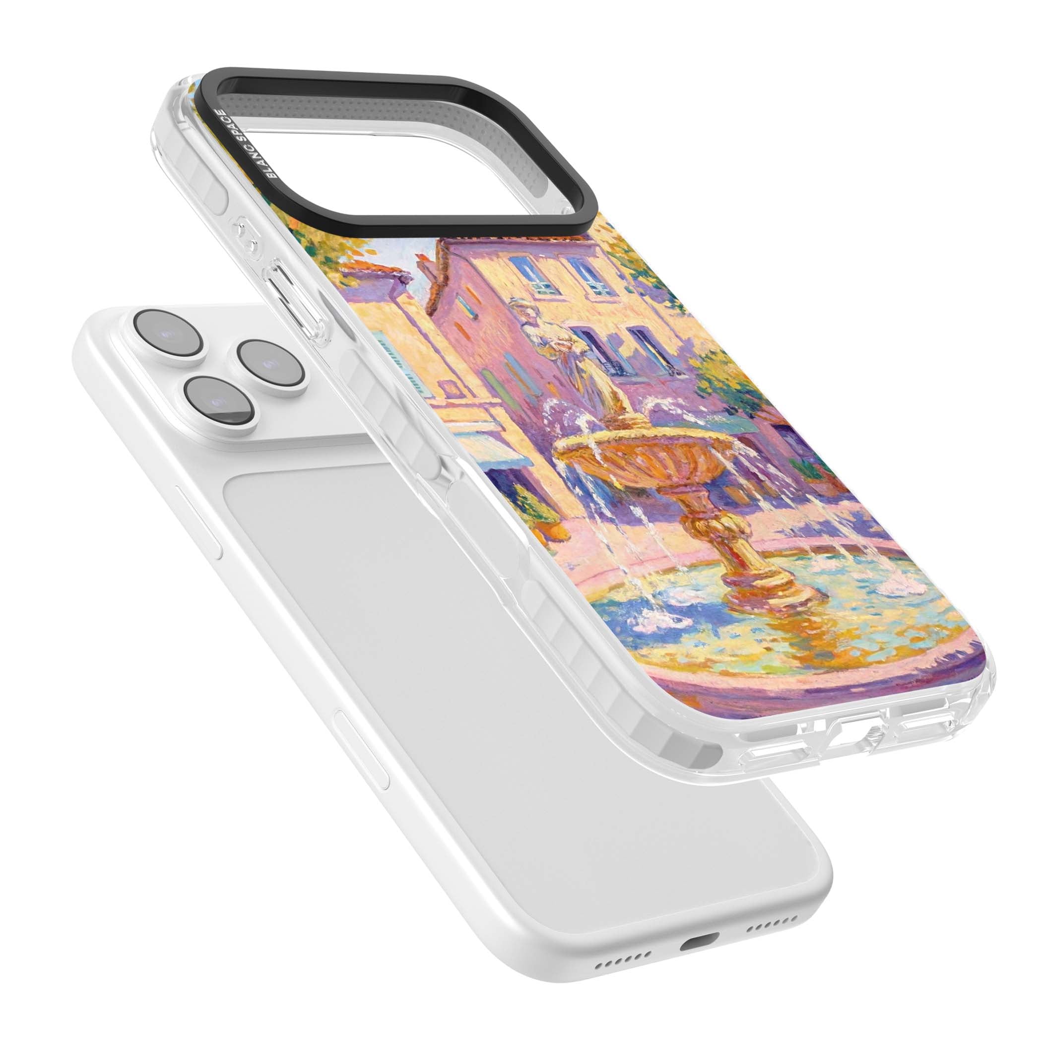 Fountain Square fine art iPhone case featuring an impressionist Provençal fountain, pastel village buildings and summe | Impact Magsafe case for iPhone 17 Pro, iPhone 17 Pro Max