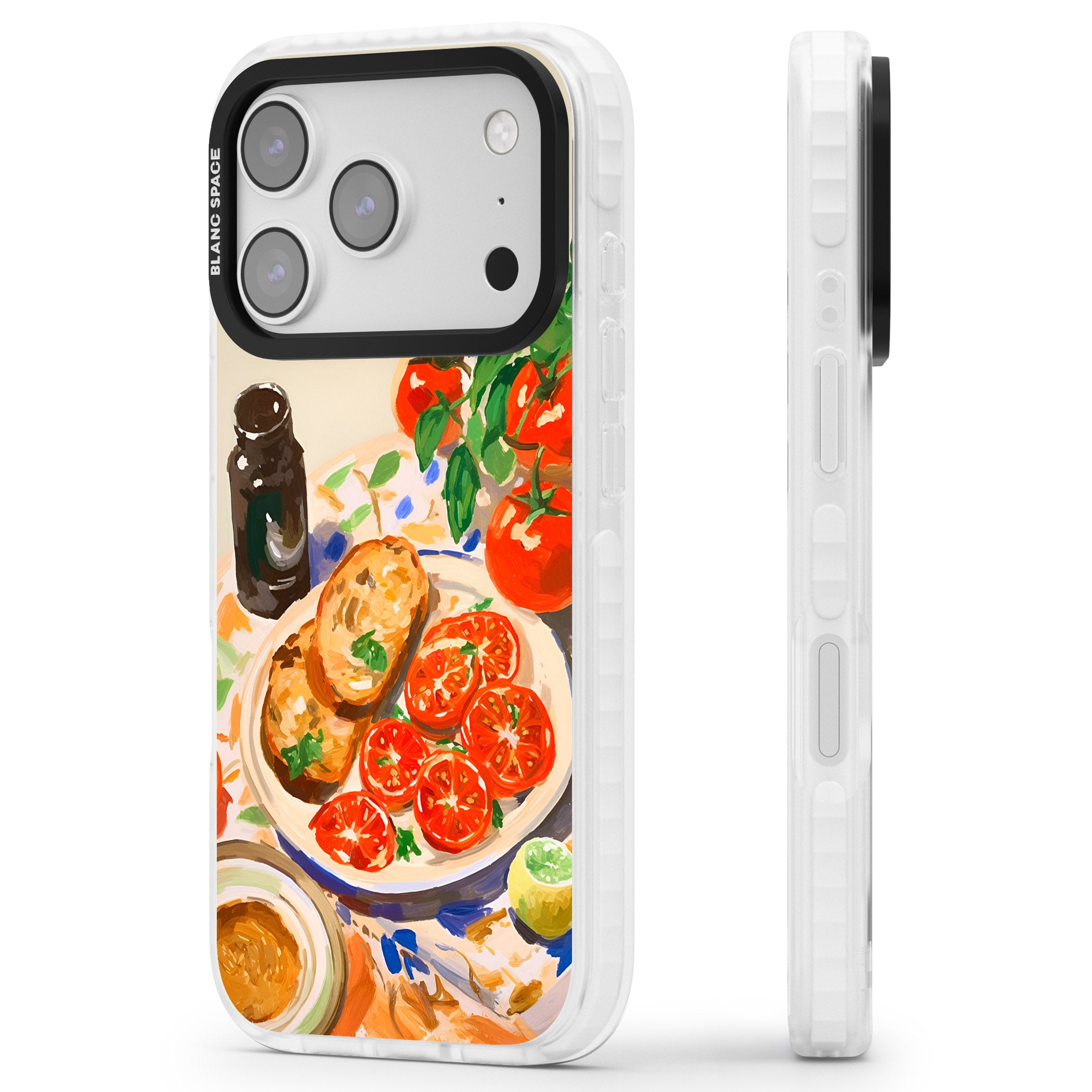 Bruschetta & Tomatoes iPhone 17 Pro Impact Pro Clear Phone Case Side Profile