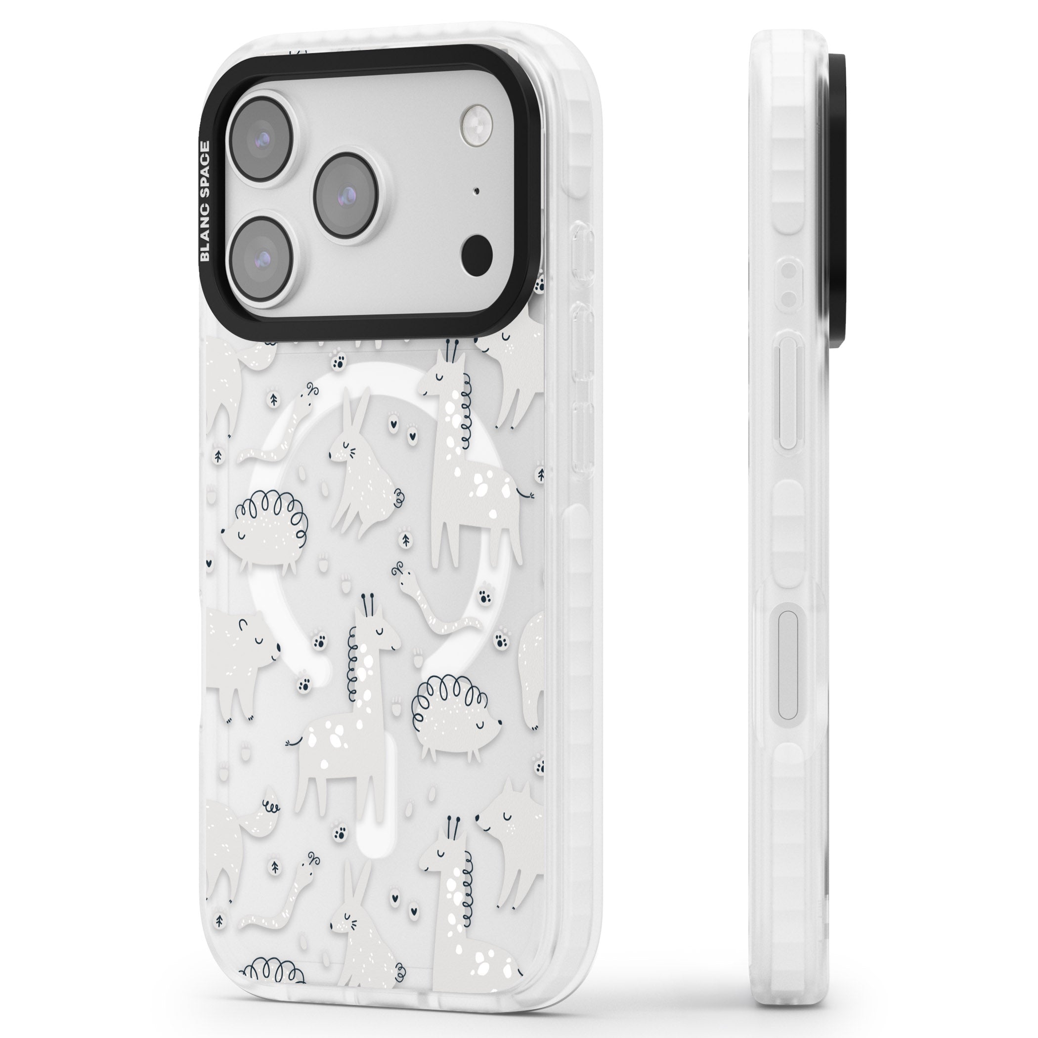 Monochrome Animal Party iPhone 17 Pro Impact Pro Clear Phone Case Side Profile