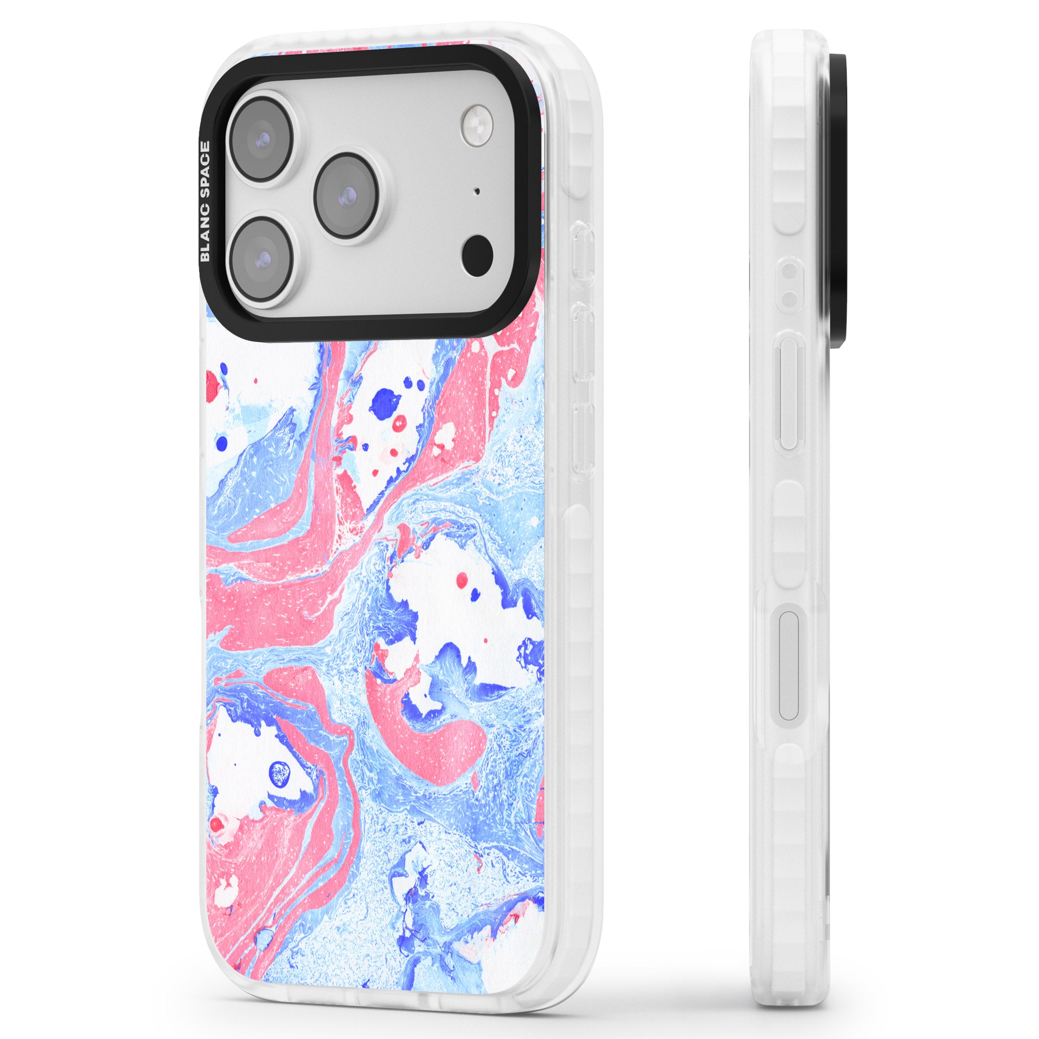 Pink, Blue & White Marbled Paper Pattern iPhone 17 Pro Max Impact Pro Clear Phone Case Side Profile