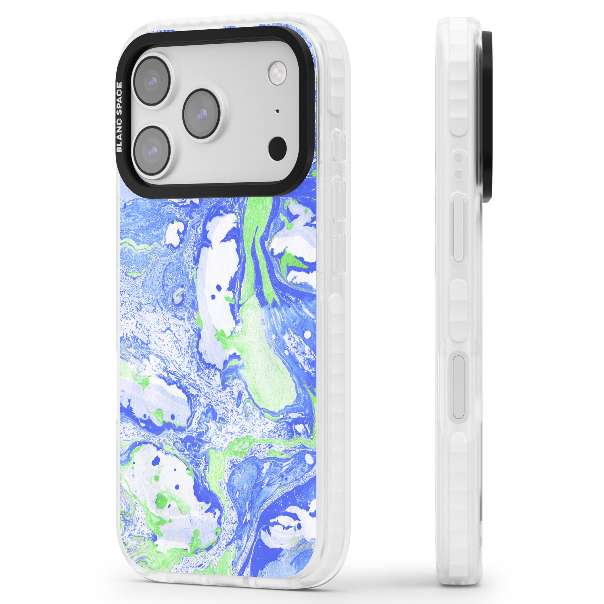 Dark Blue & Green Marbled Paper Pattern iPhone 17 Pro Impact Pro Clear Phone Case Side Profile