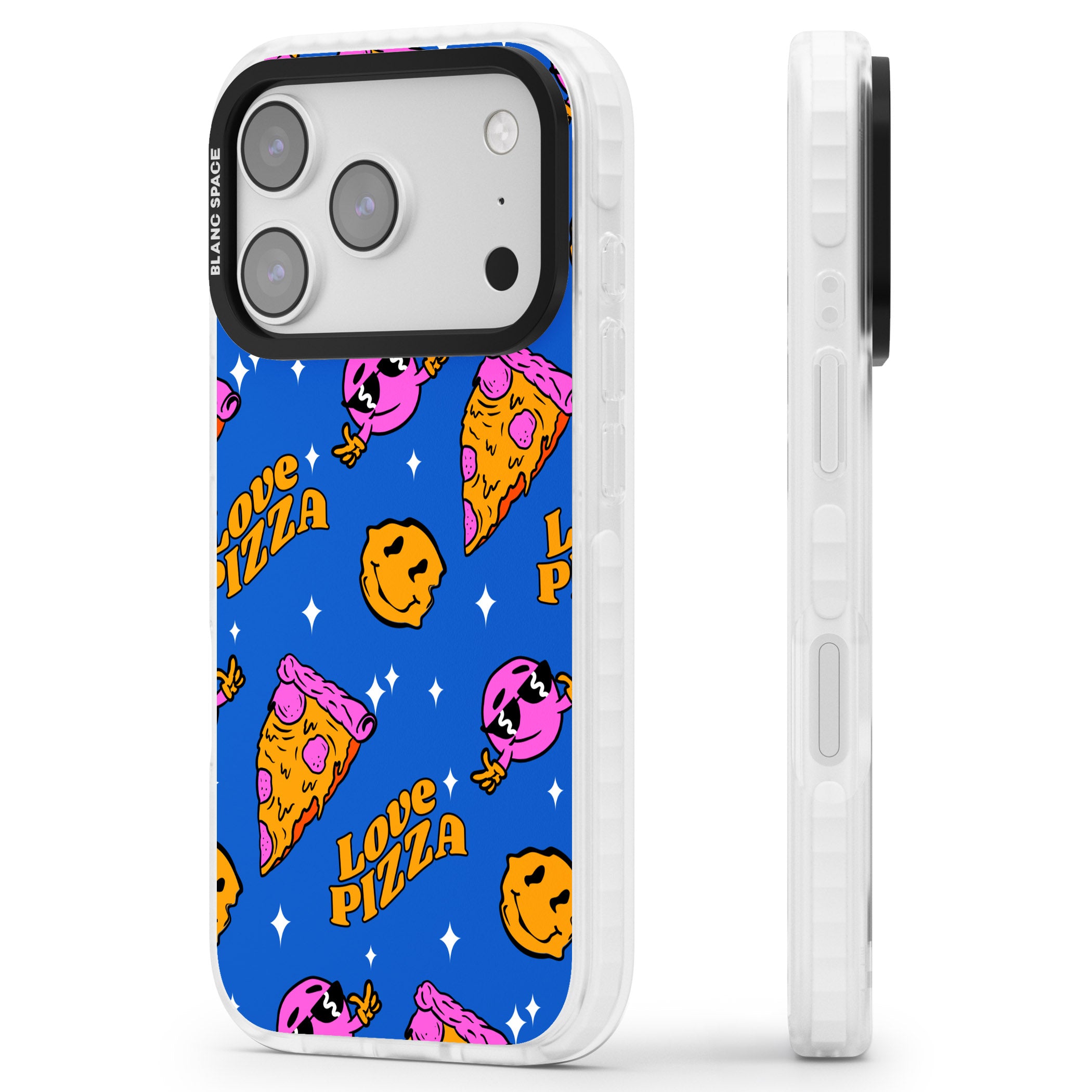 Psychedelic Love Pizza Pattern iPhone 17 Pro Impact Pro Clear Phone Case Side Profile