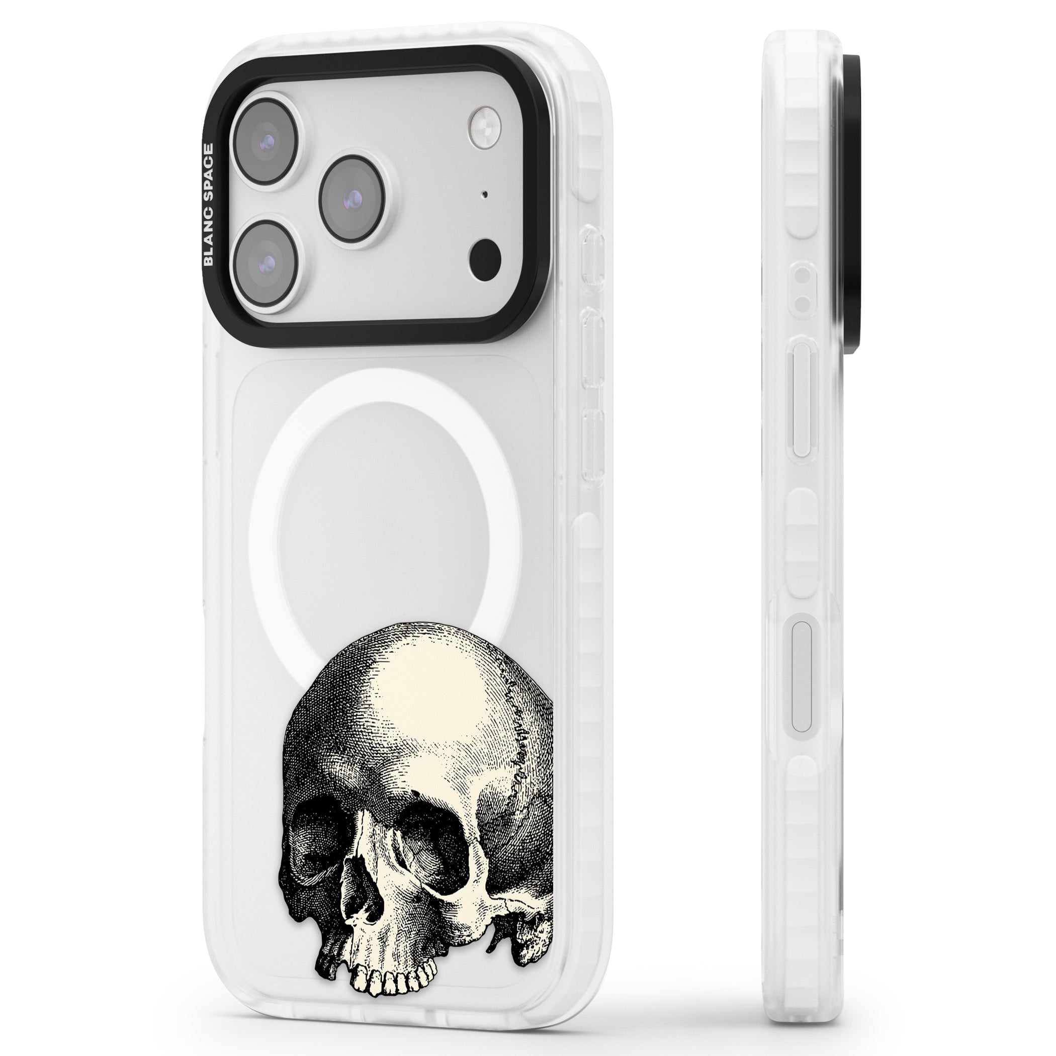 Minimal Vintage Skull iPhone 17 Pro Impact Pro Clear Phone Case Side Profile