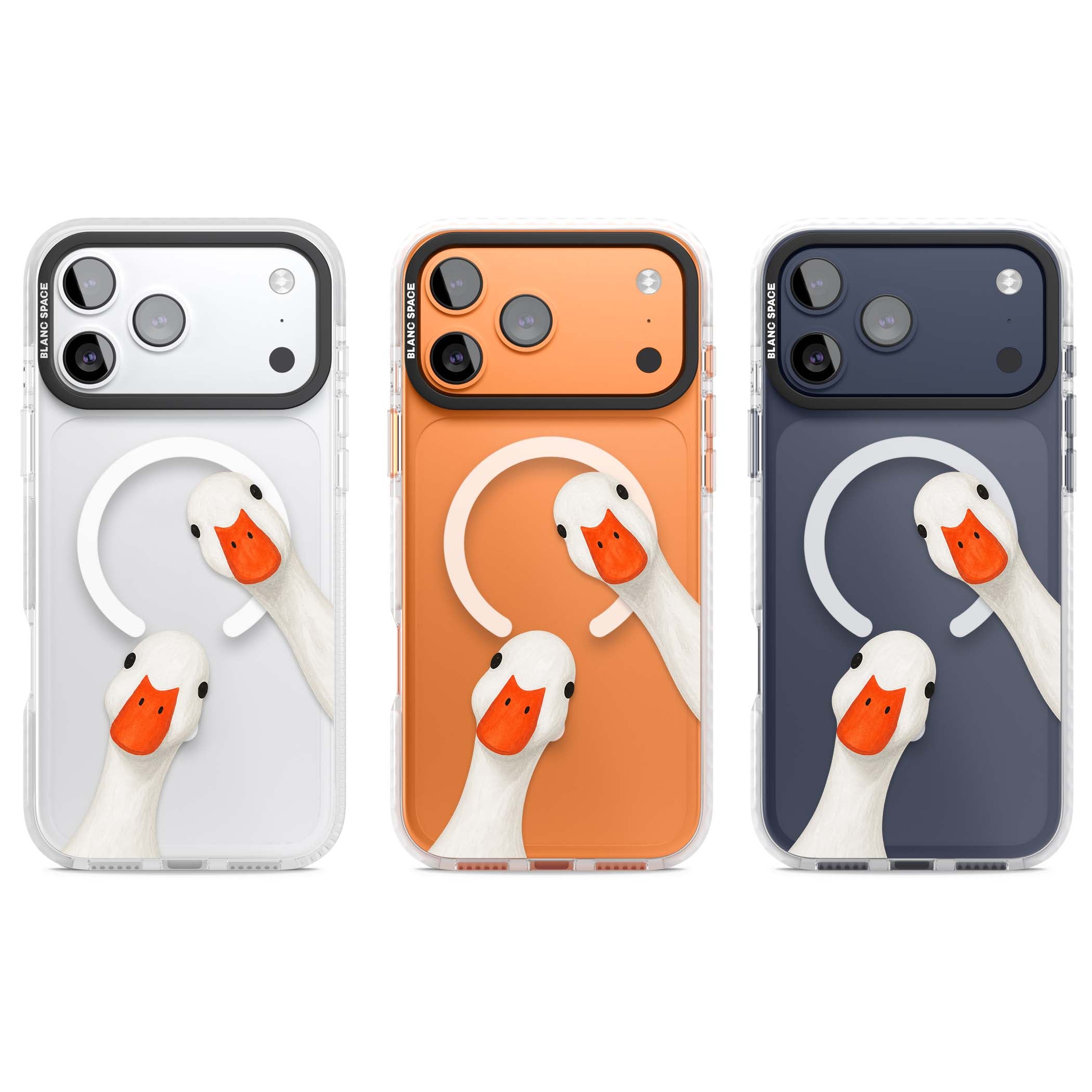 Nosy Ducks cottagecore iPhone case featuring two peeking white ducks with orange beaks on a clear background | Impact Magsafe case for iPhone 17 Pro, iPhone 17 Pro Max