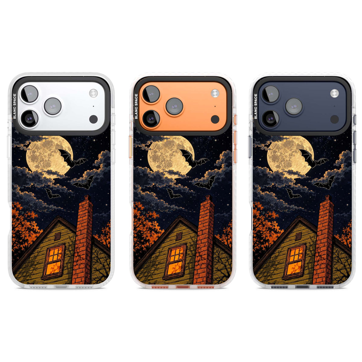 Hollows Eve Halloween iPhone case featuring a haunted house, full moon and flying bats against a starry autumn sky | Impact Magsafe case for iPhone 17 Pro, iPhone 17 Pro Max