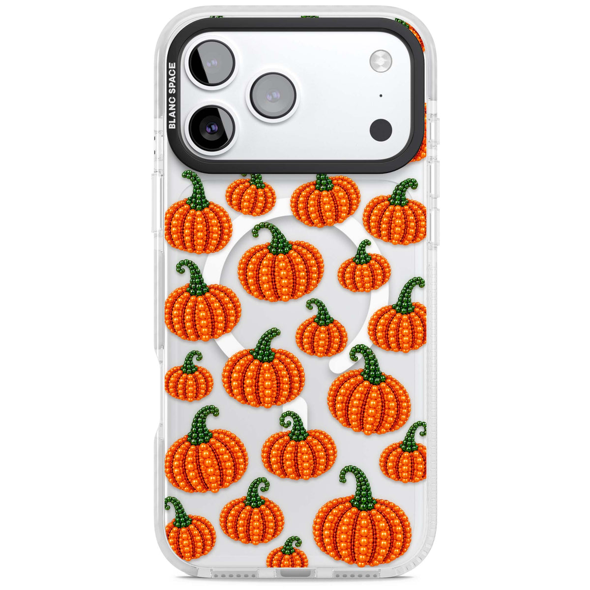 Beaded Pumpkins halloween iPhone case featuring beaded orange pumpkins with green stems on a clear background | Impact Magsafe case for iPhone 17 Pro, iPhone 17 Pro Max