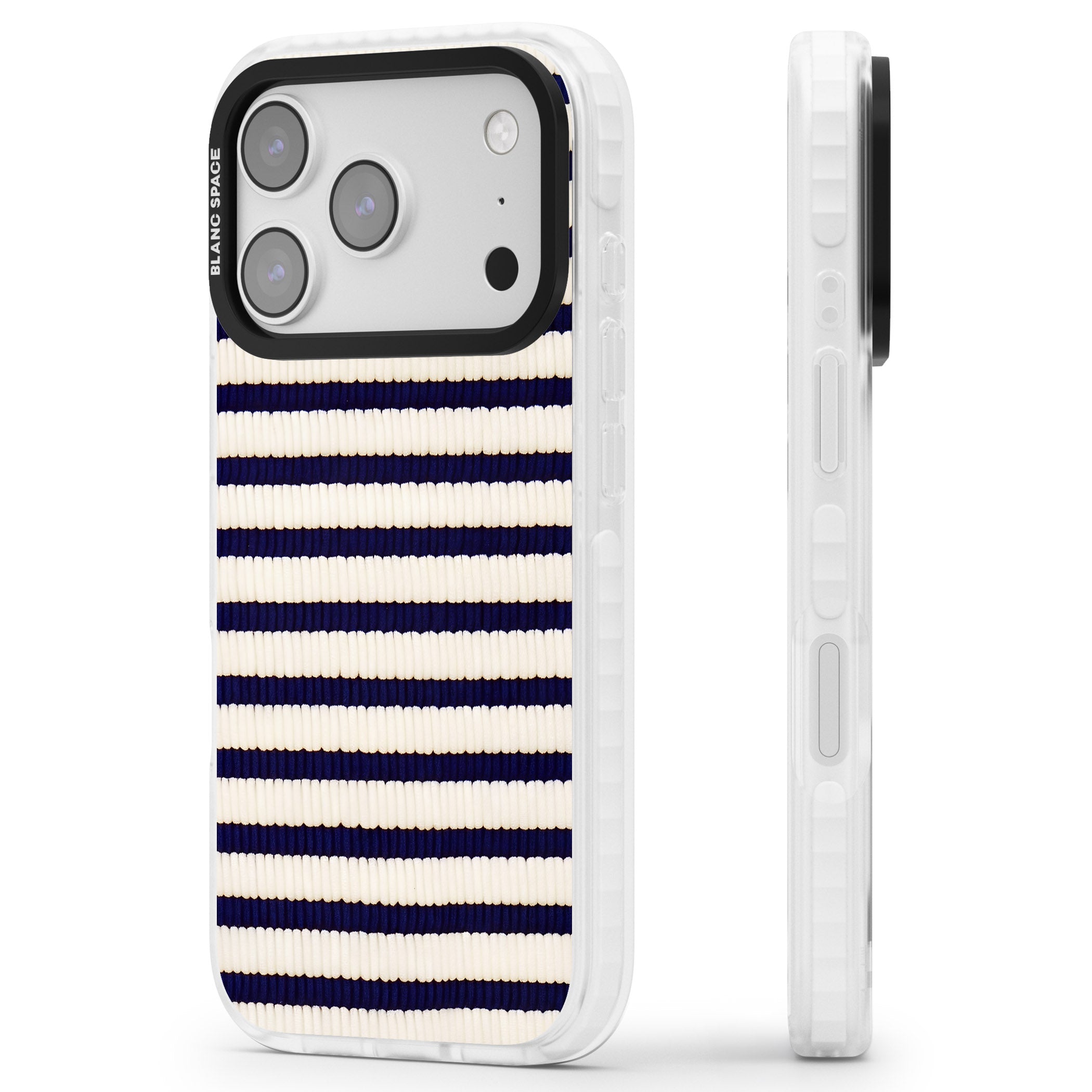 Navy & Cream Stripes iPhone 17 Pro Impact Pro Clear Phone Case Side Profile