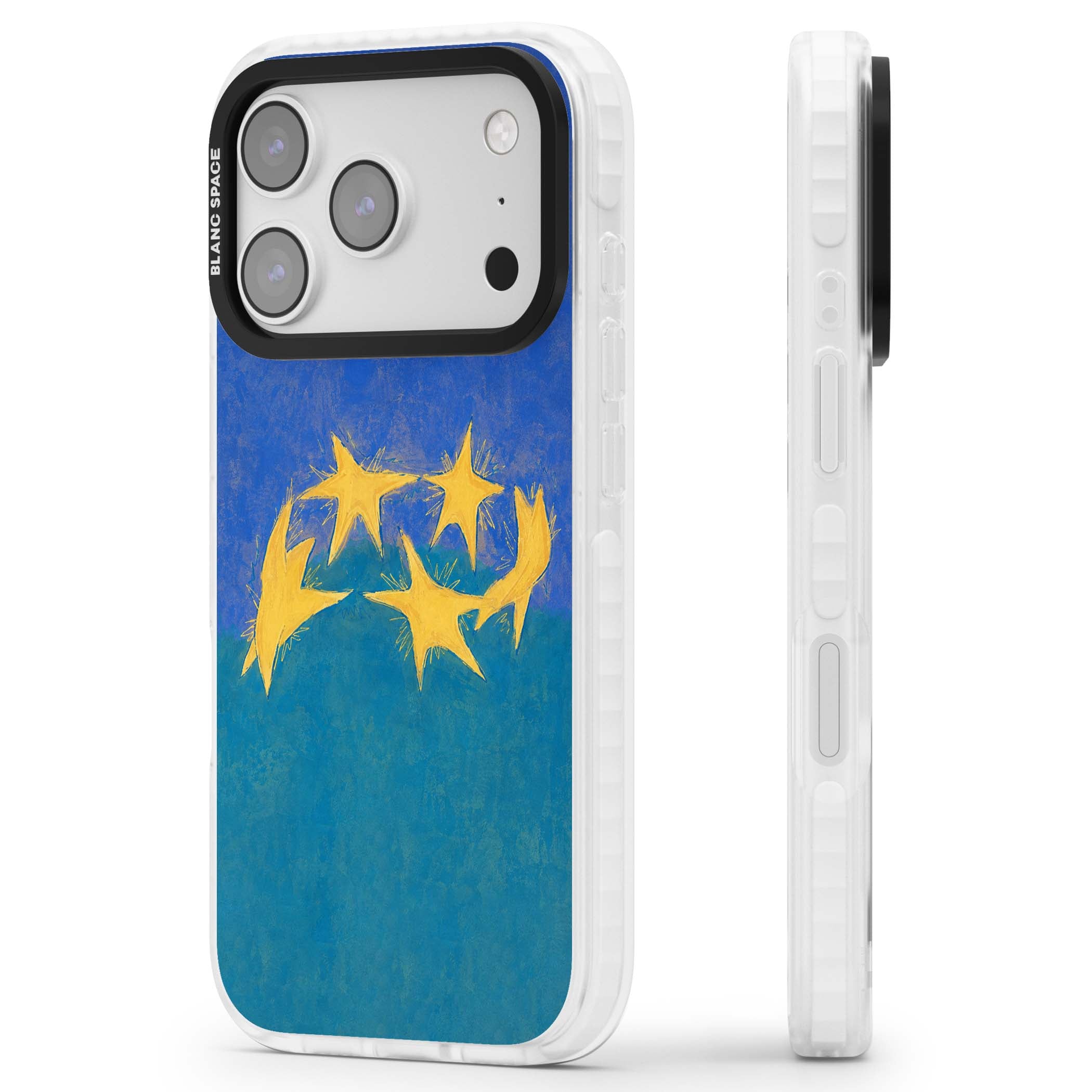 Star Boogie stars aesthetic iPhone case featuring five yellow hand-painted stars on cobalt blue and teal | Impact Magsafe case for iPhone 17 Pro, iPhone 17 Pro Max