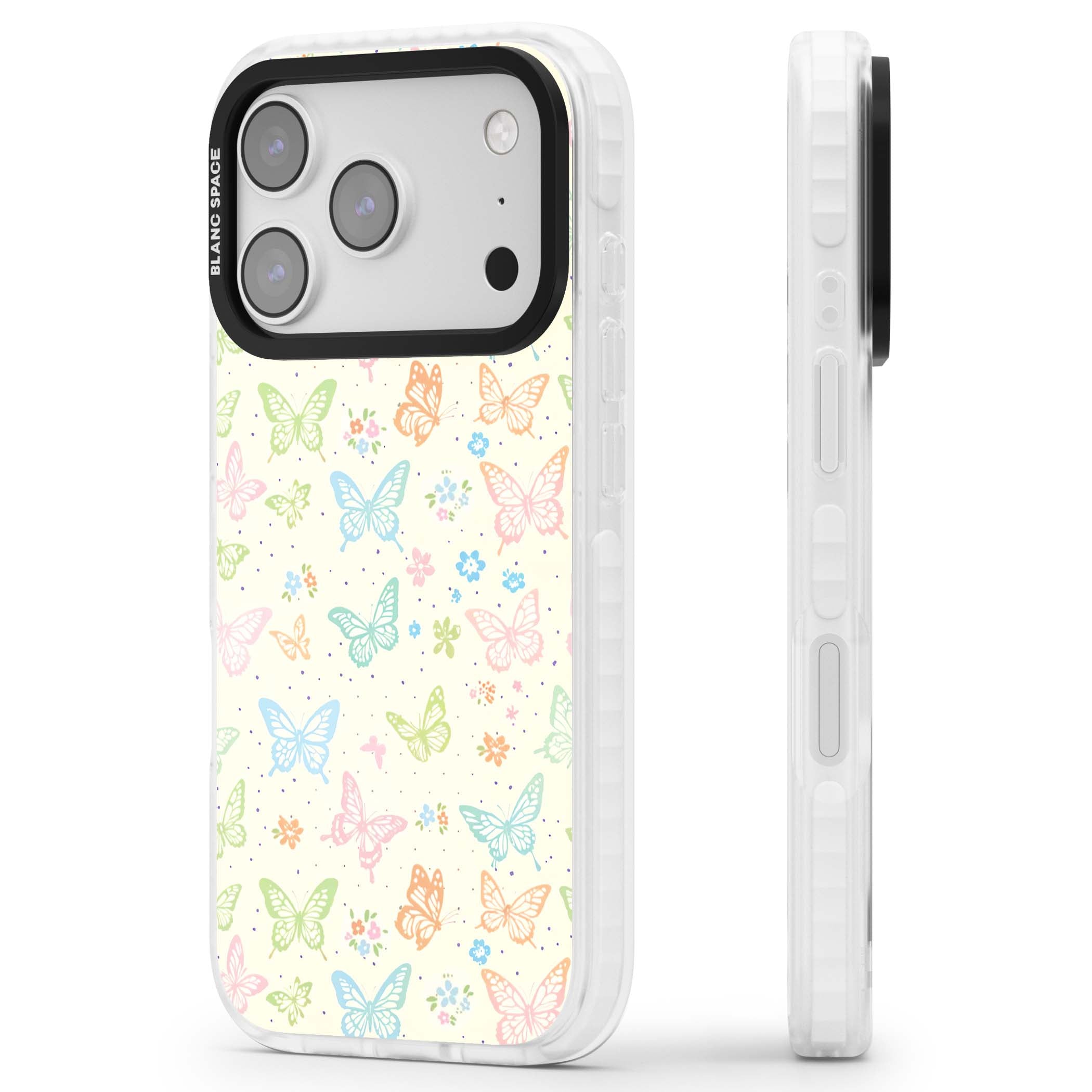 Sugar Wings cottagecore iPhone case featuring rainbow pastel butterflies, tiny wildflowers, and a cream background | Impact Magsafe case for iPhone 17 Pro, iPhone 17 Pro Max