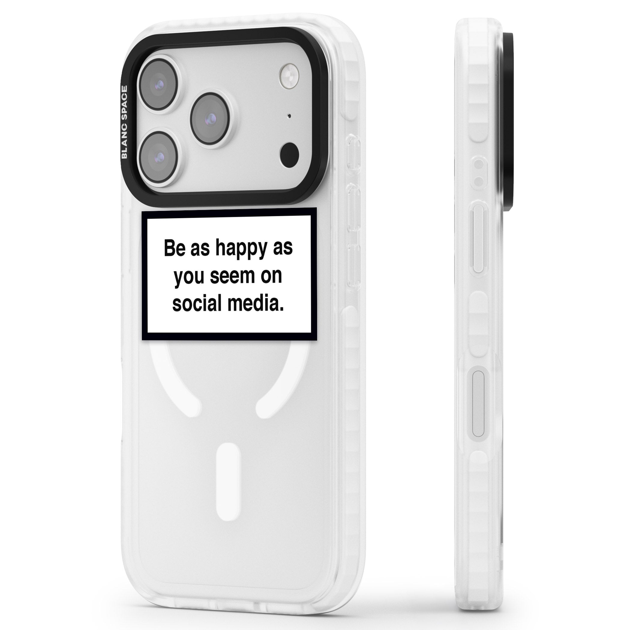 Happy On Social Media iPhone 17 Pro Impact Pro Clear Phone Case Side Profile