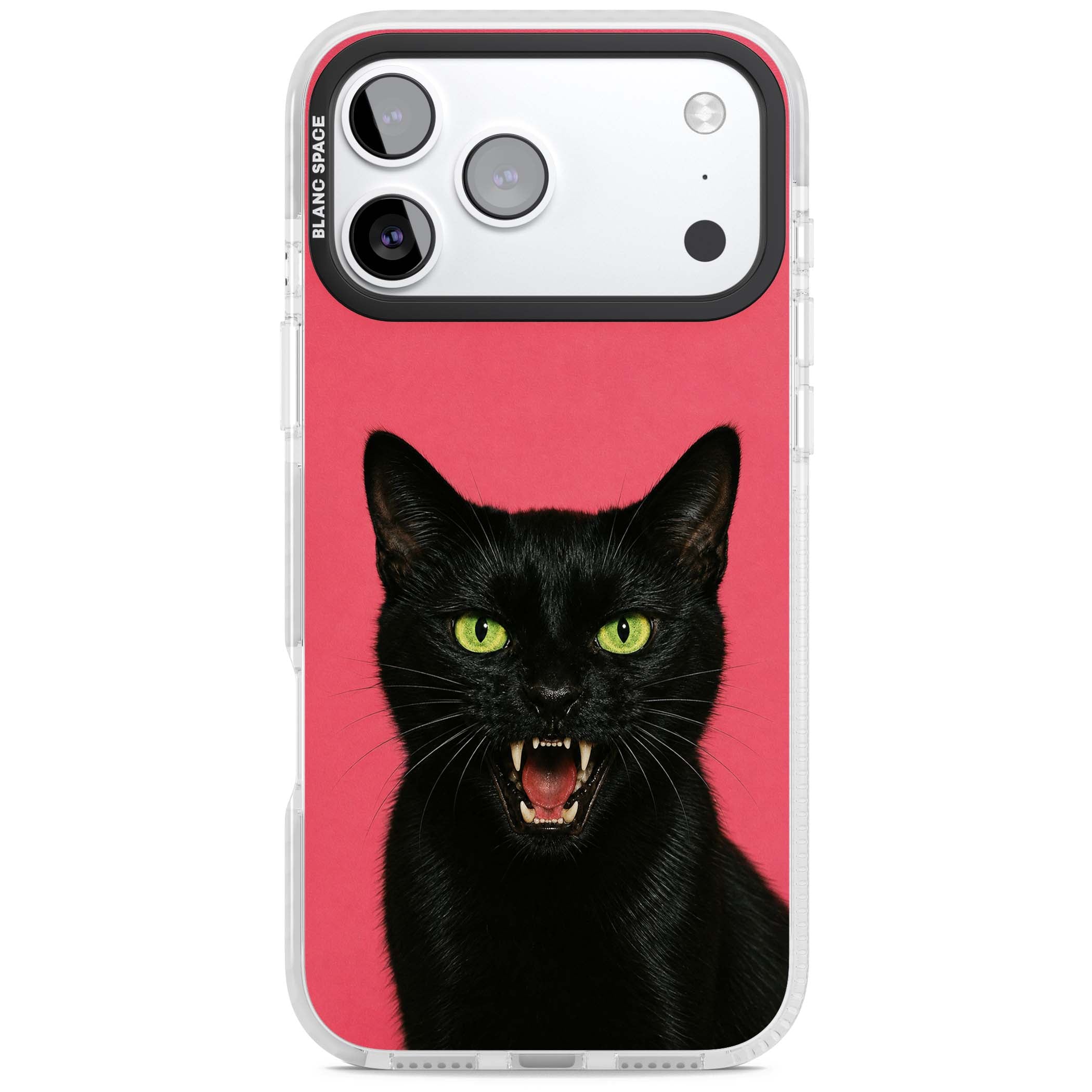 Hissin' Baddie black cat iPhone case featuring a hissing feline with green eyes on a hot pink background | Impact Magsafe case for iPhone 17 Pro, iPhone 17 Pro Max