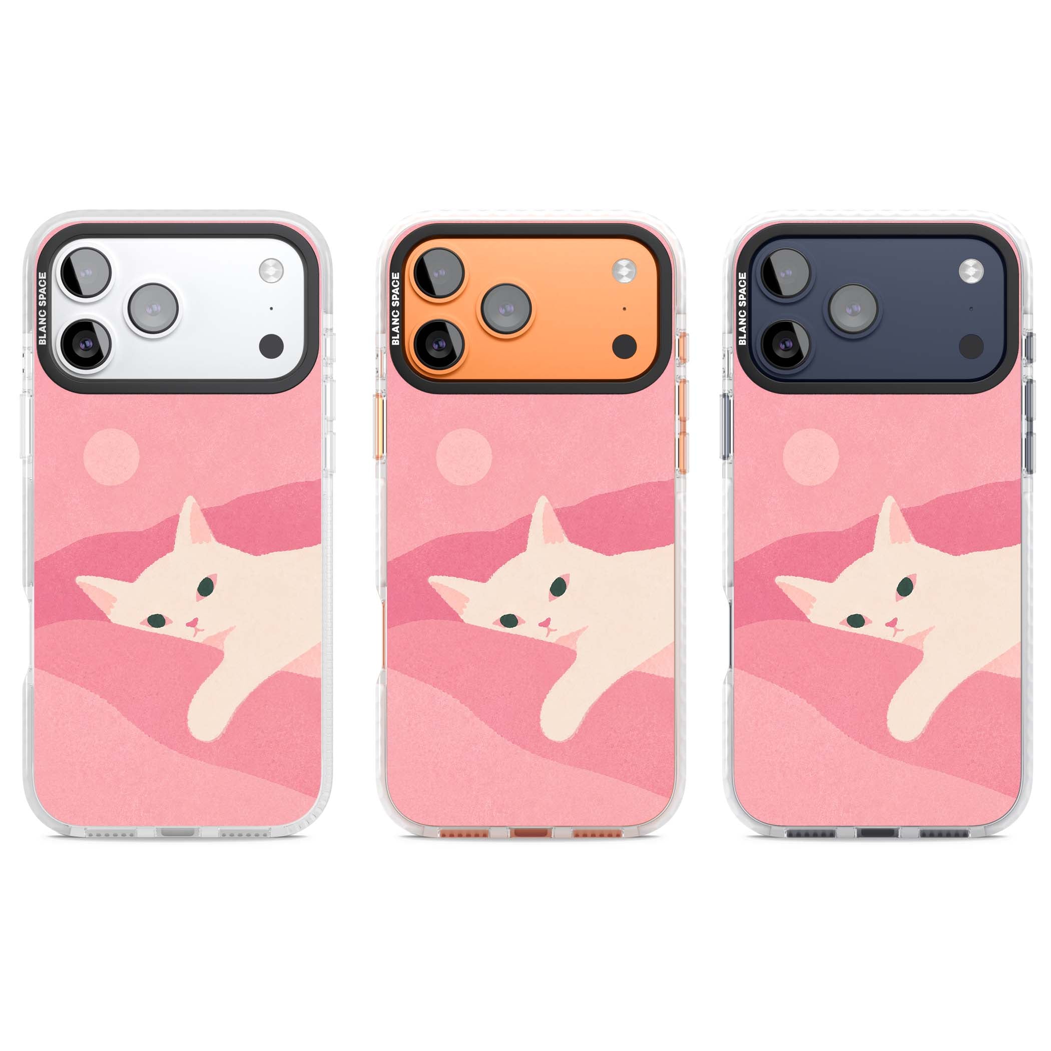 Pink Dreams cute cat iPhone case featuring a white kitten, soft pink hills and a pale pastel sun | Impact Magsafe case for iPhone 17 Pro, iPhone 17 Pro Max