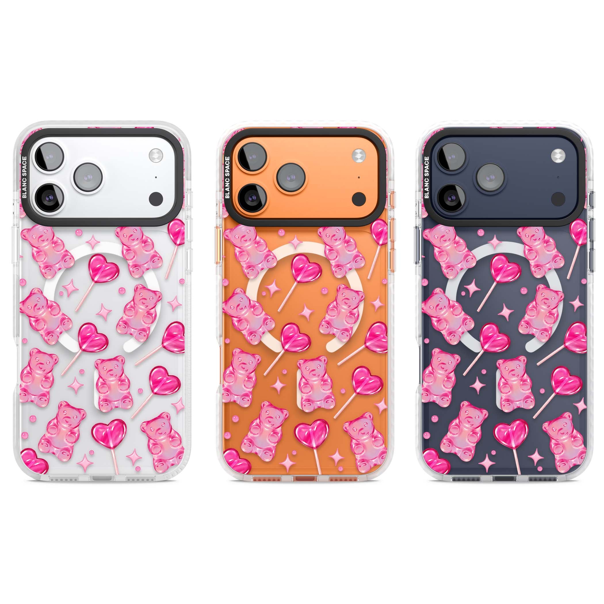 Pink Sugar pinkcore iPhone case featuring pink gummy bears, heart-shaped lollipops and sparkle stars | Impact Magsafe case for iPhone 17 Pro, iPhone 17 Pro Max