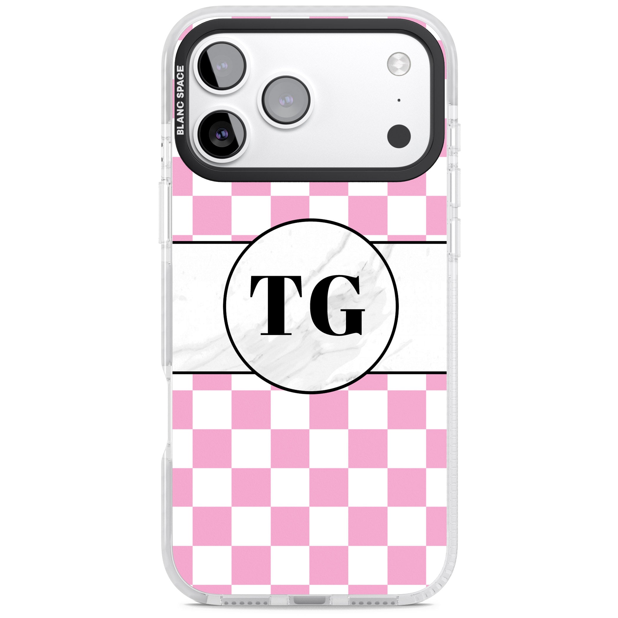Personalised Monogrammed Pink Check iPhone 17 Pro Impact Pro Clear Phone Case