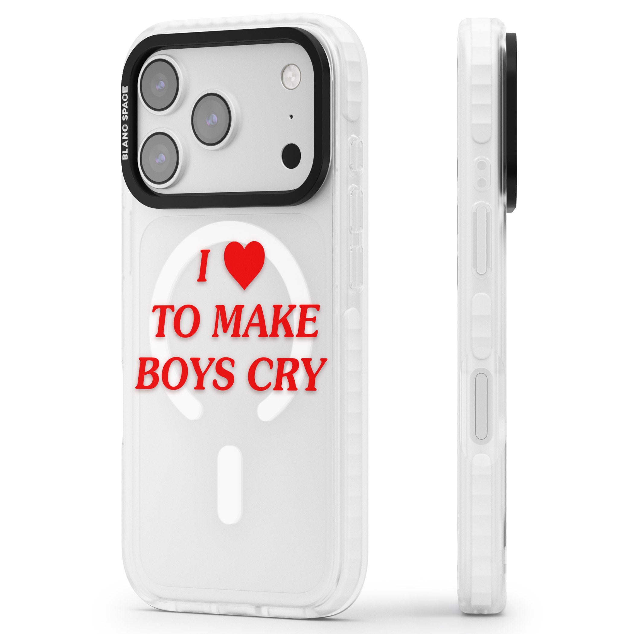 I Love To Make Boys Cry iPhone 17 Pro Impact Pro Clear Phone Case Side Profile