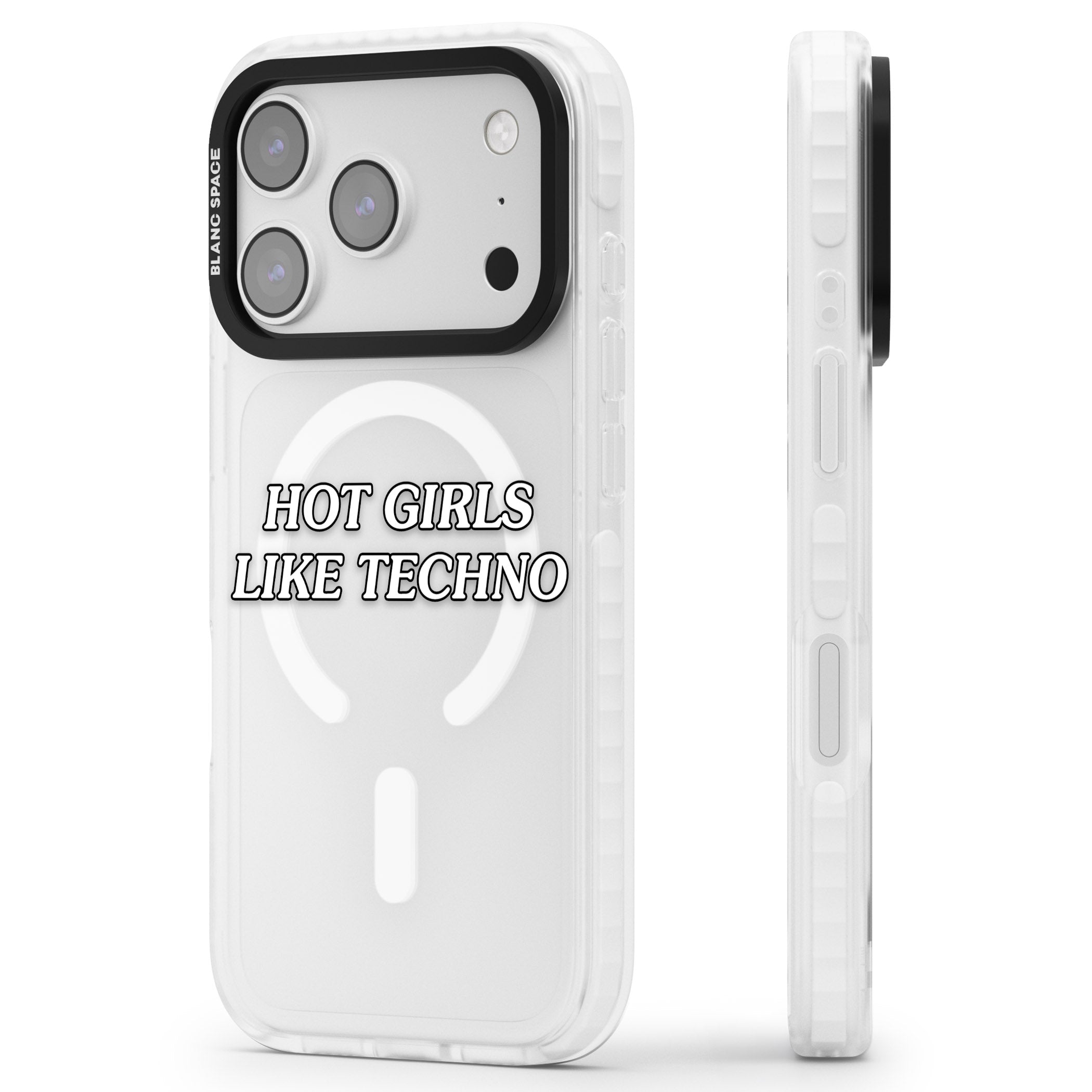 Hot Girls Like Techno iPhone 17 Pro Impact Pro Clear Phone Case Side Profile