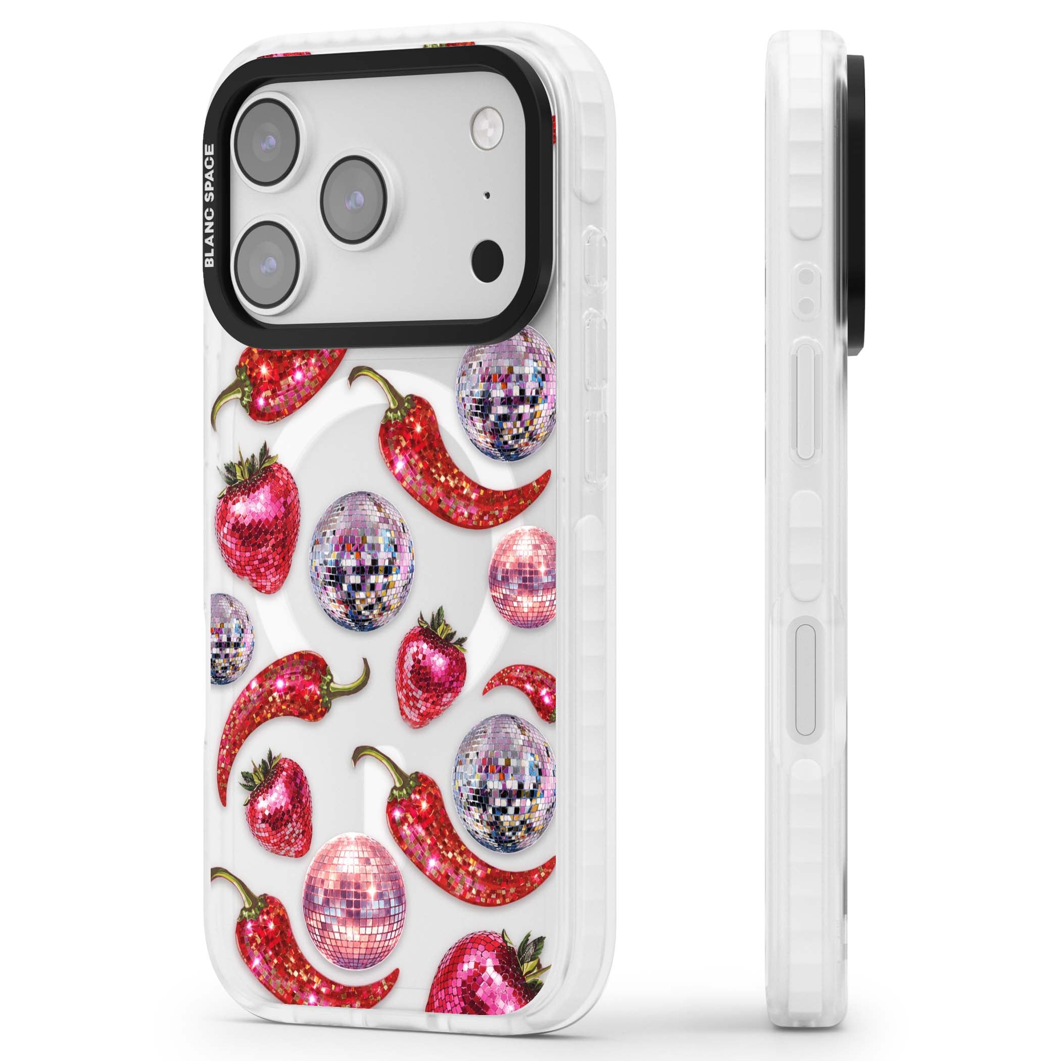 Spicy Disco Y2K iPhone case featuring glitter disco balls, sparkly strawberries and red chilli peppers | Impact Magsafe case for iPhone 17 Pro, iPhone 17 Pro Max
